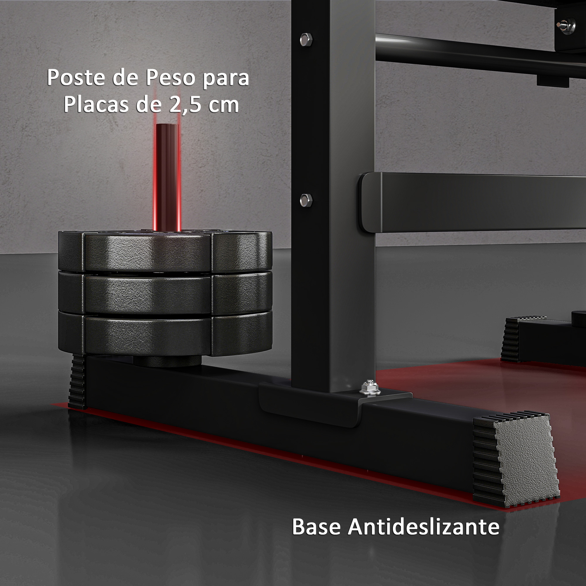 Pila de discos de peso negros en máquina de gimnasio negra con luz roja.