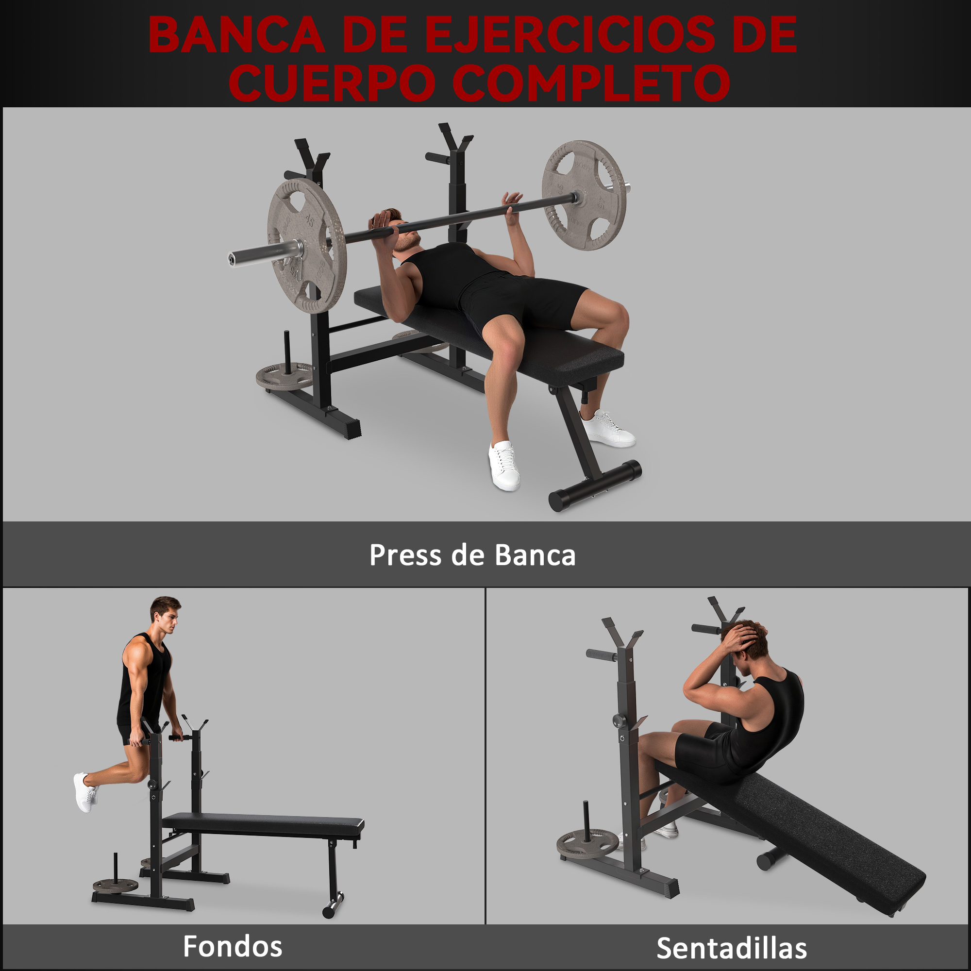 Hombre levanta barra en banco, hombre hace fondos, hombre hace abdominales.