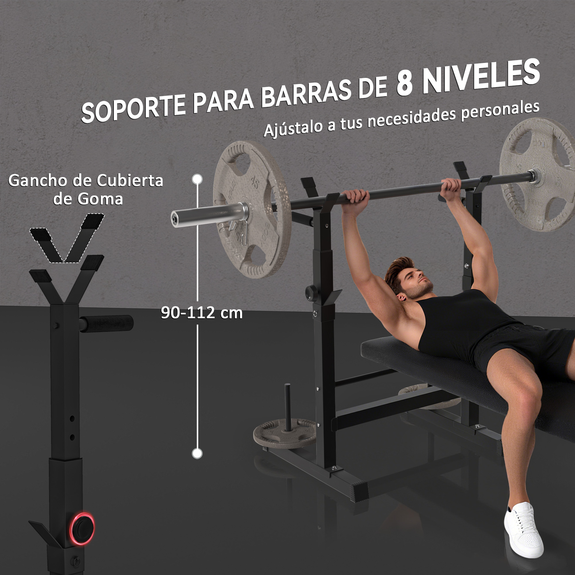 Un hombre levanta una barra en un banco de pesas en un gimnasio.