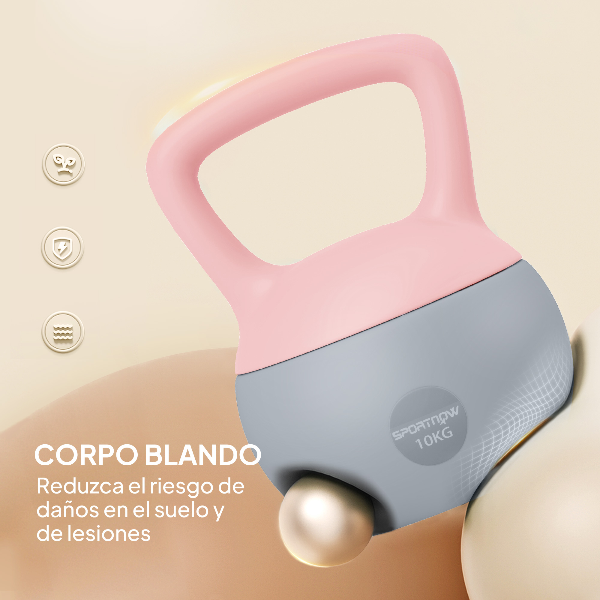 Un asa rosa y cuerpo gris de una pesa rusa de 10 kg con una bola abajo.