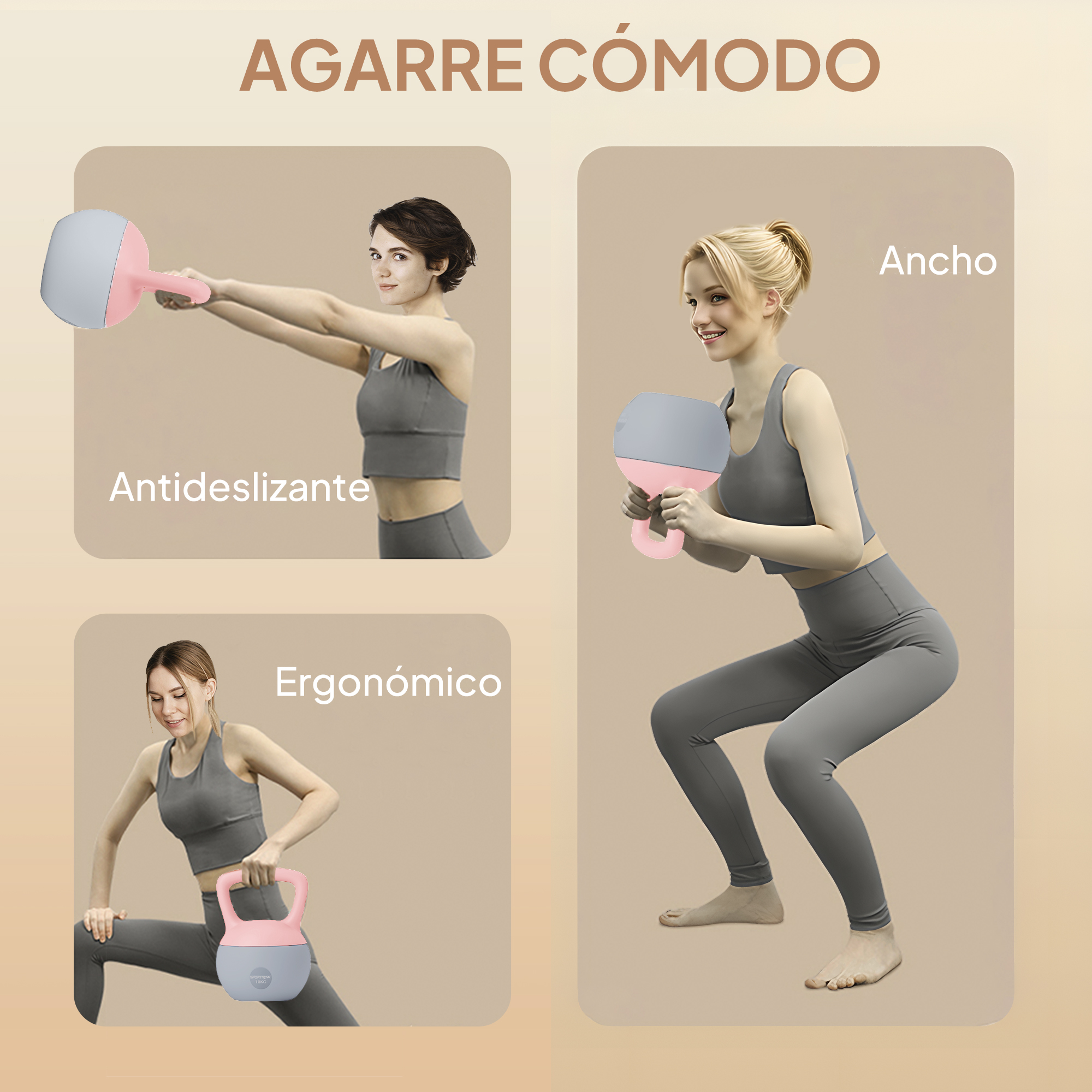 Tres mujeres con equipo de fitness: una en cuclillas, una levantando, una haciendo zancadas.