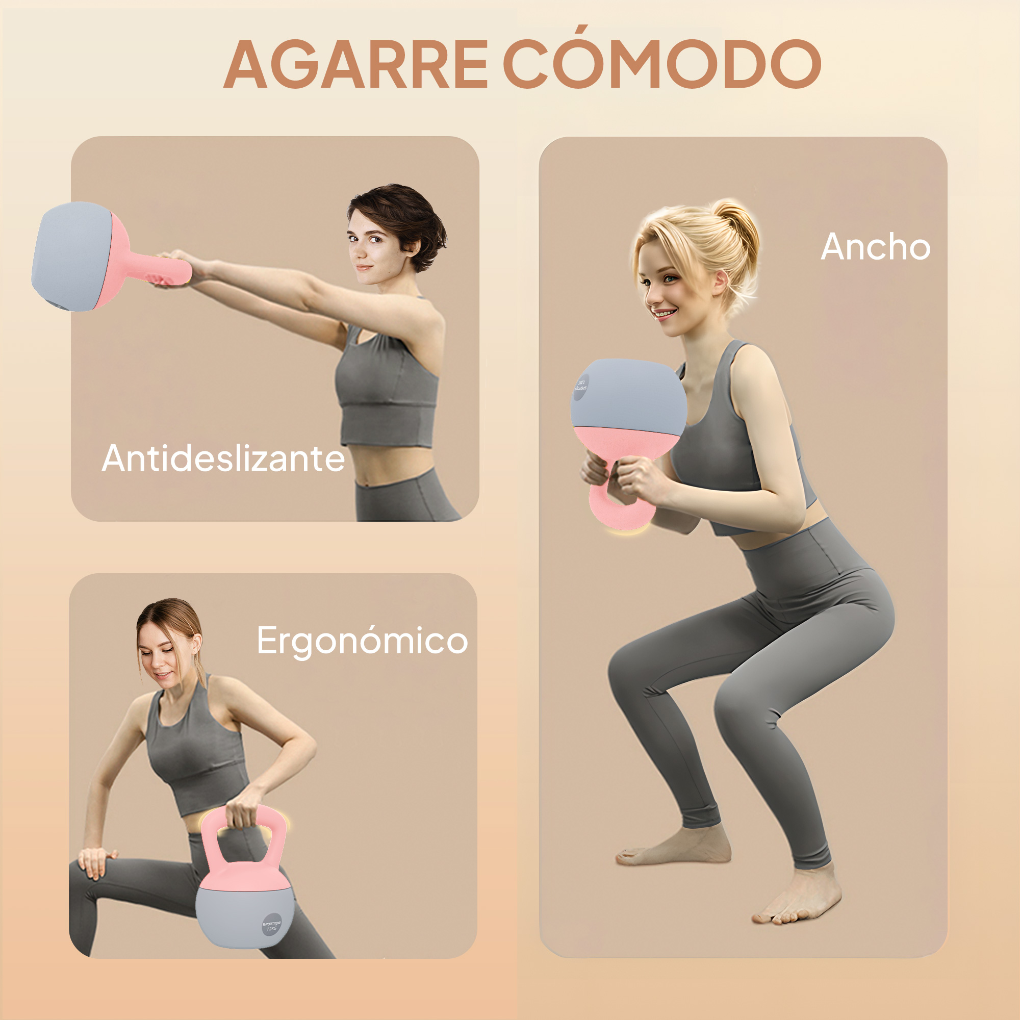 Mujeres con mancuernas en varios ejercicios, una en gris, una en rosa y gris.
