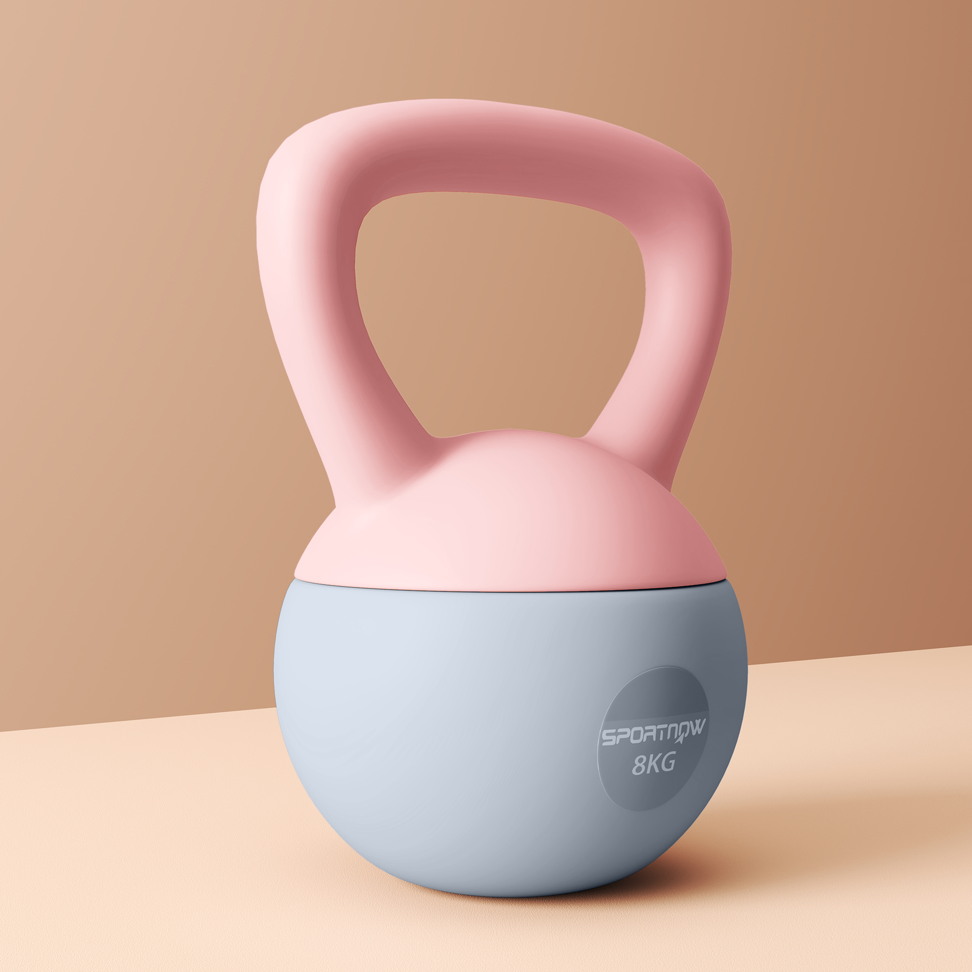 Un asa rosa y un cuerpo azul claro de una pesa rusa de 8 kg.