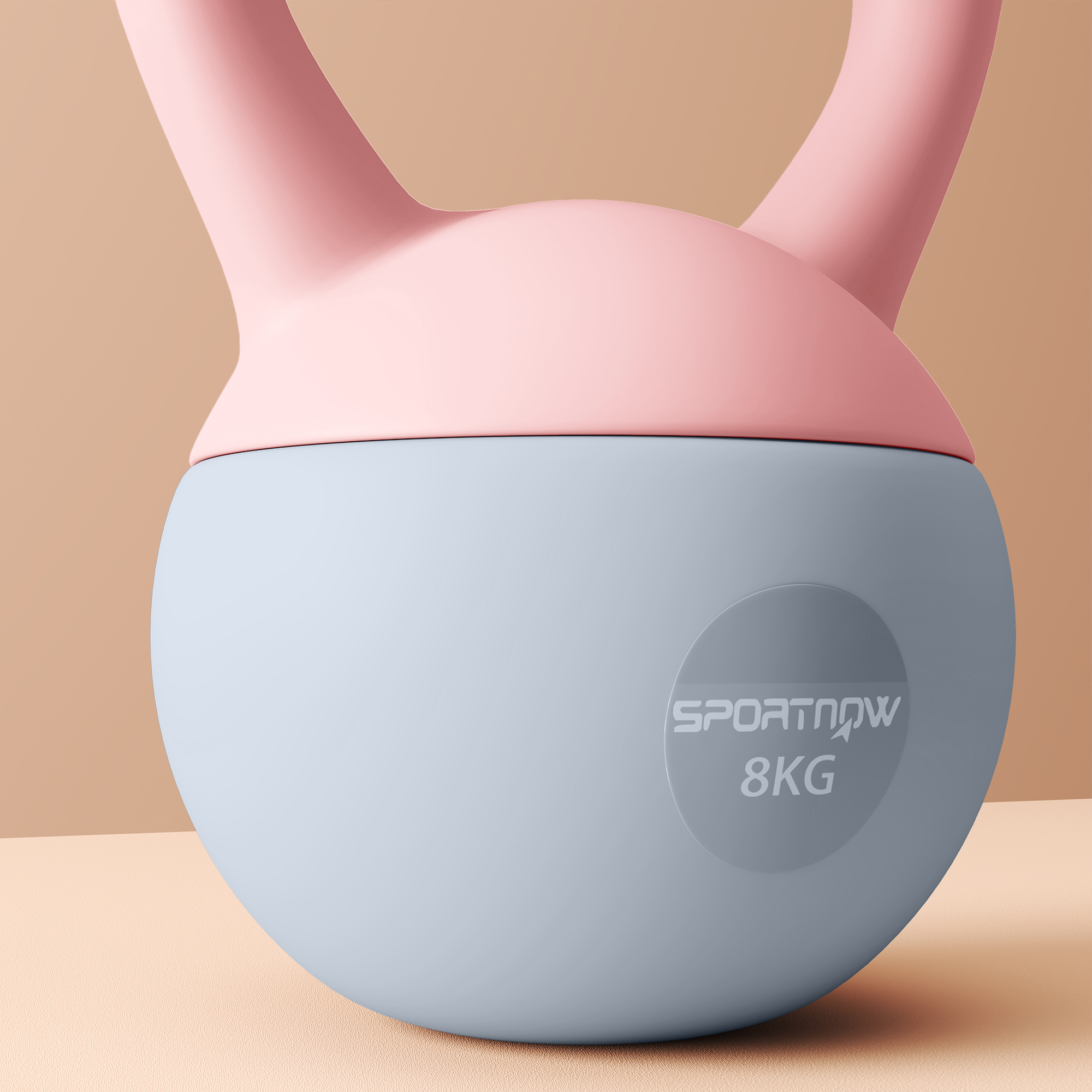 Una pesa rusa rosa con cuerpo azul claro, con la etiqueta "SPORTNOW 8KG".