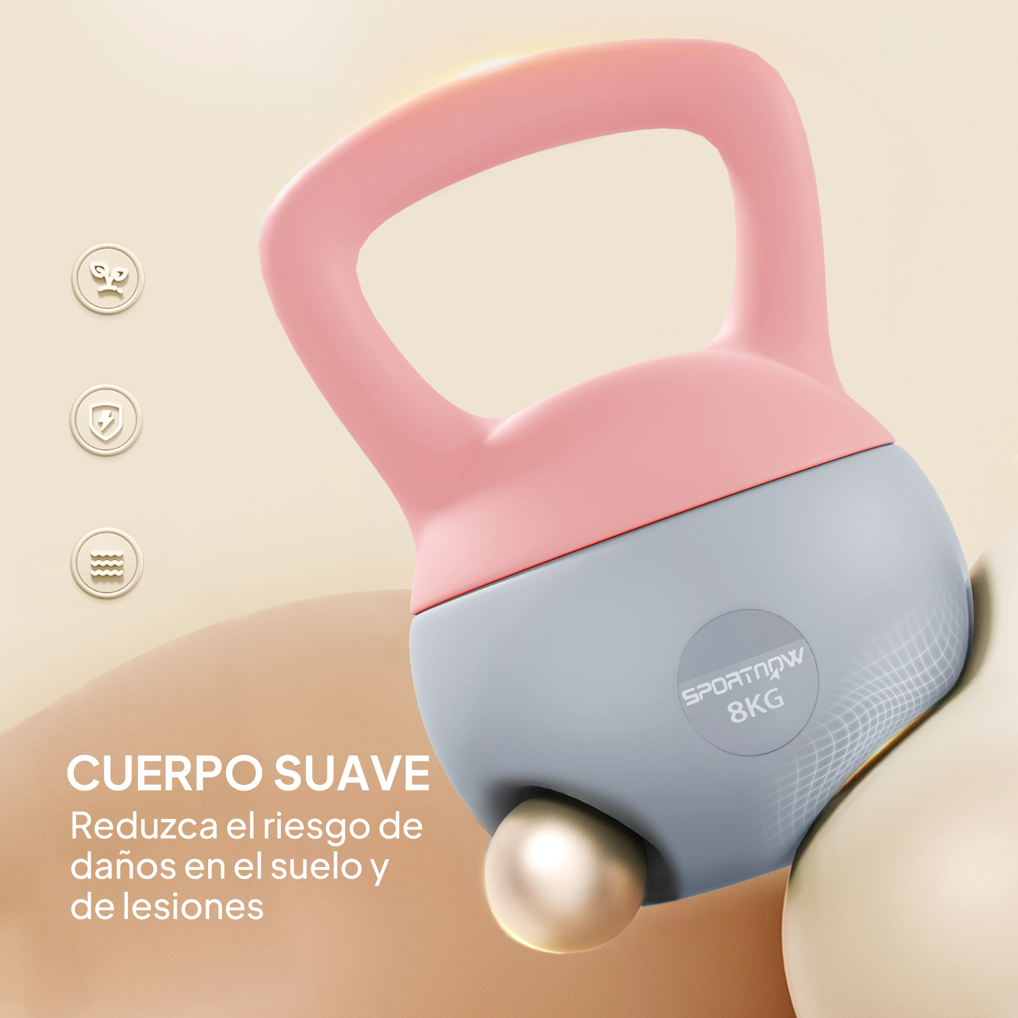 Una pesa rusa de 8kg en rosa y gris con una bola dorada en la base.