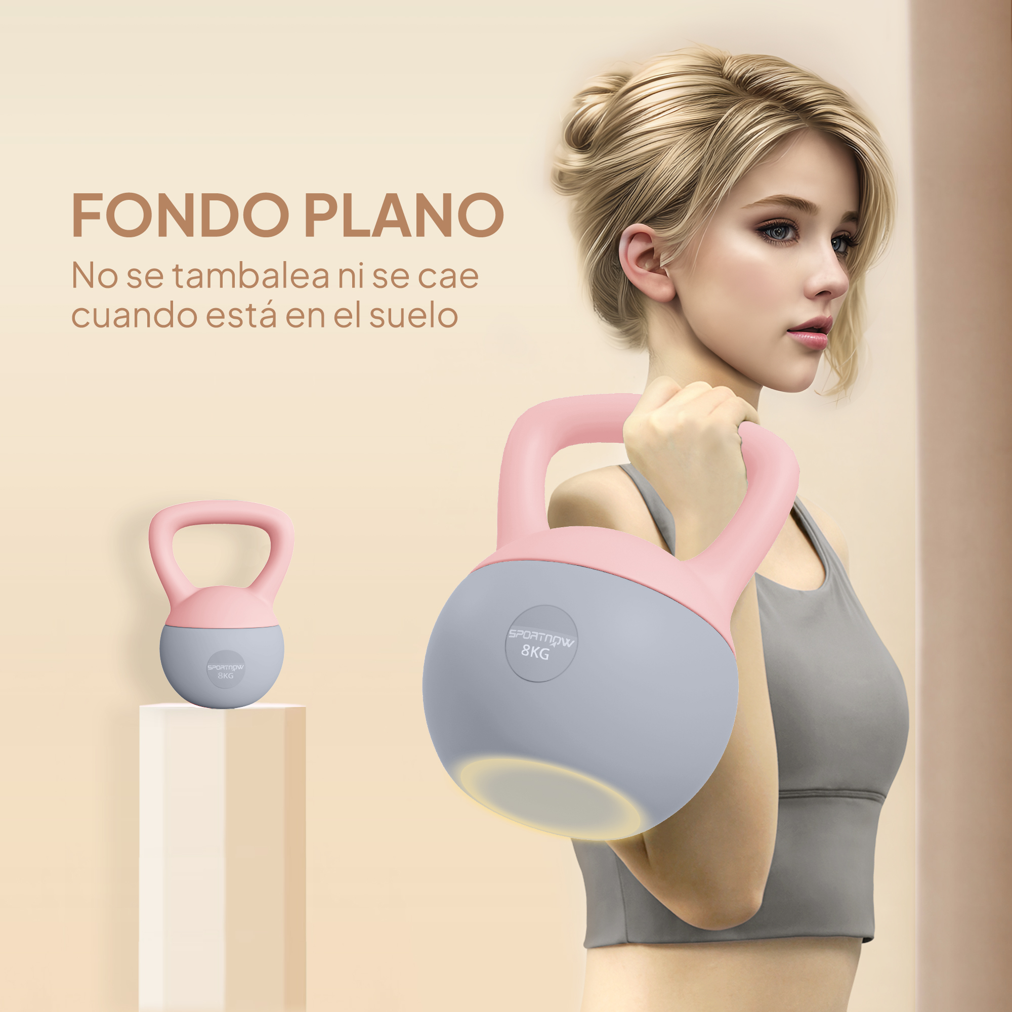 Una mujer rubia sostiene una pesa rusa rosa y gris de 8 kg.