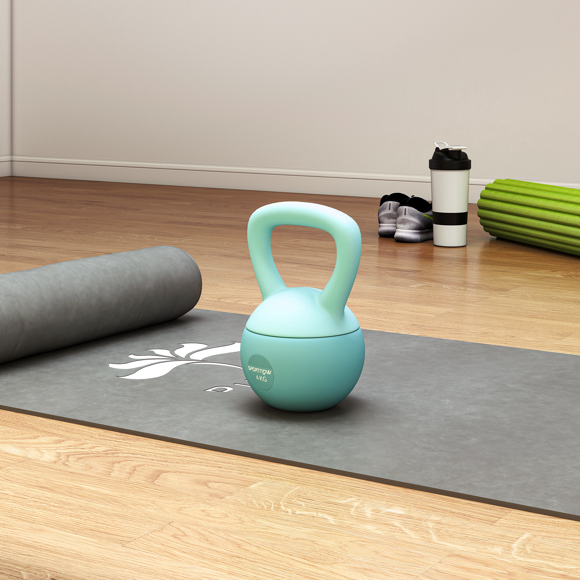Pesa rusa turquesa en esterilla de yoga con rodillo, zapatillas y botella.