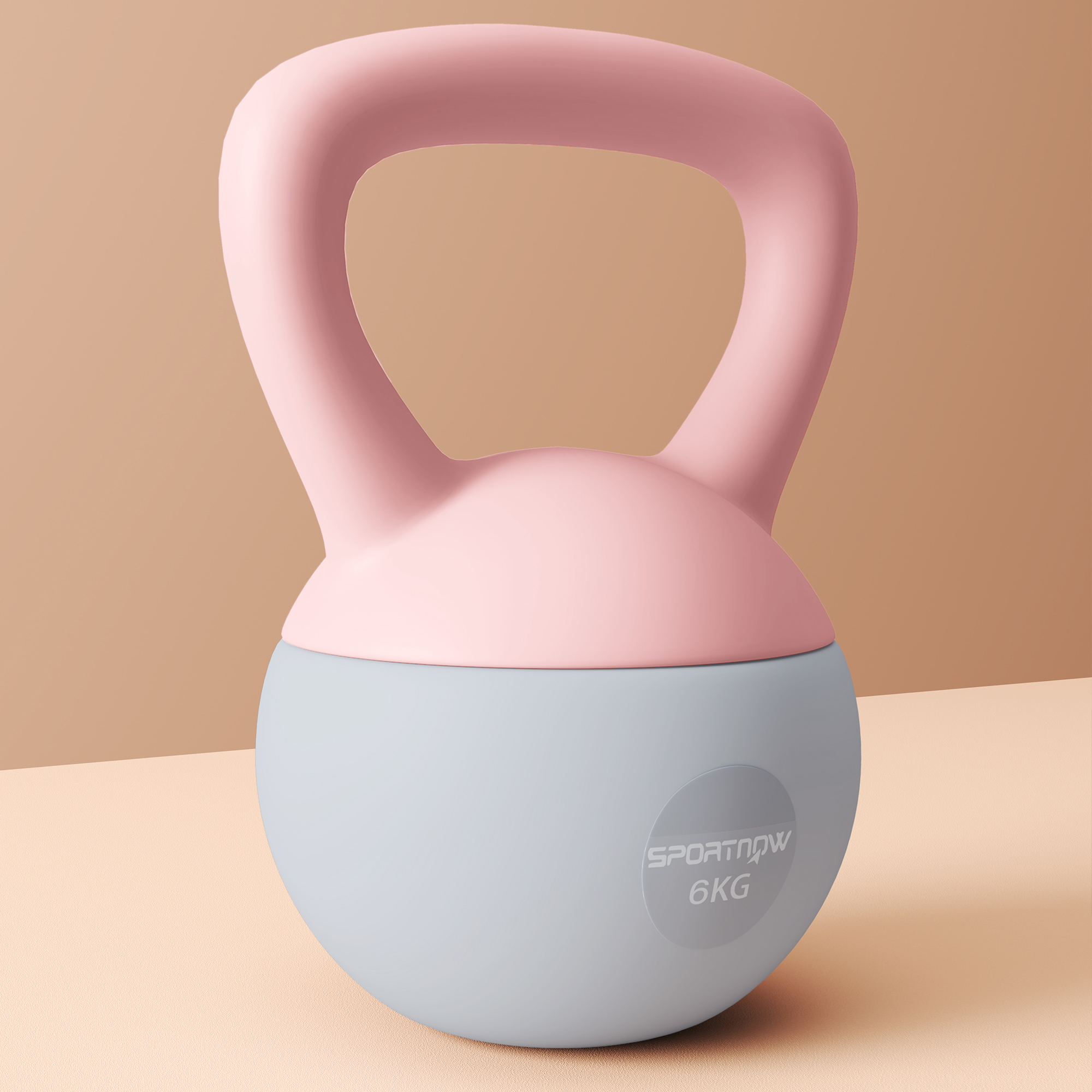 Una pesa rusa rosa con base gris, con etiqueta "SPORTNOW 6KG".