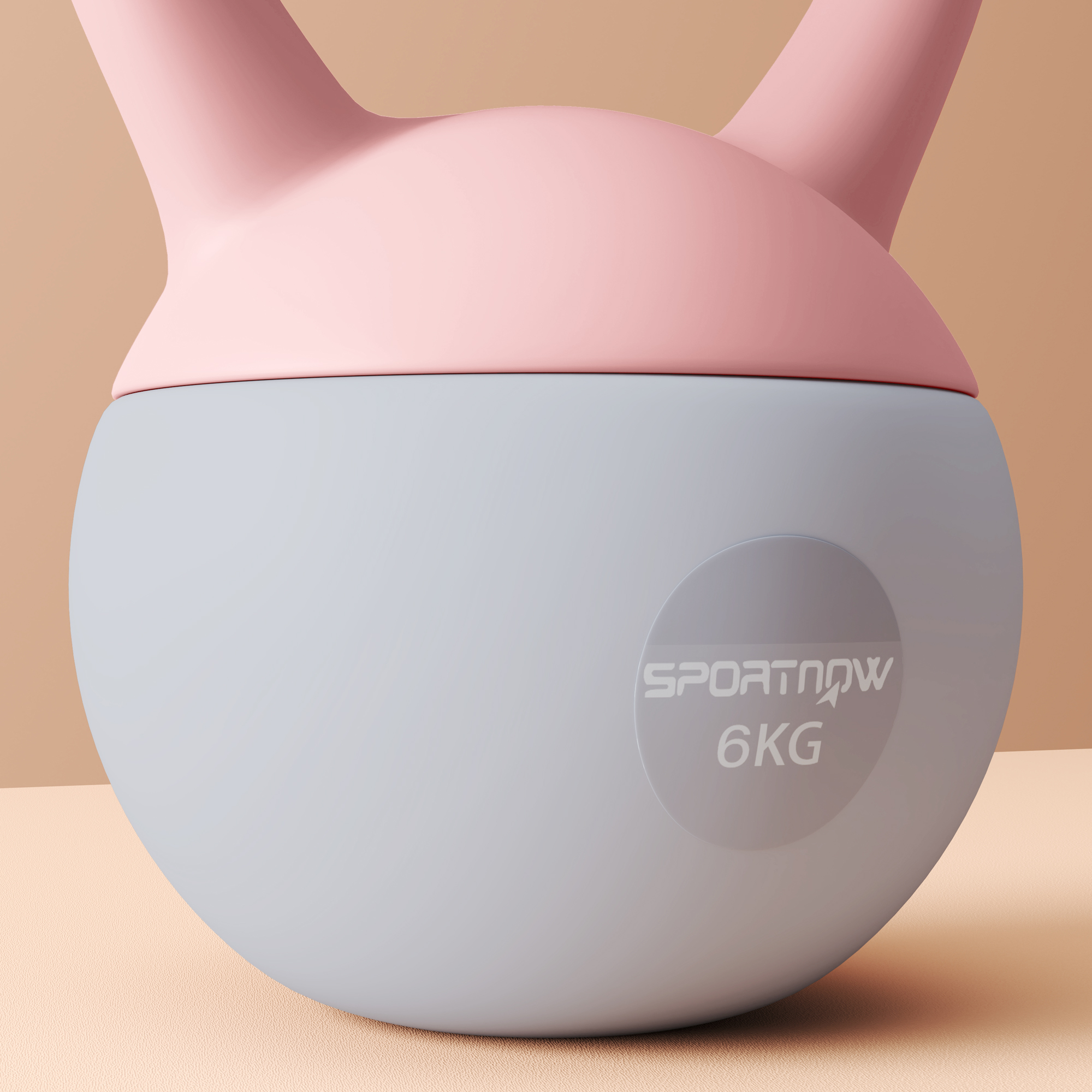 Un asa de pesa rusa rosa y una bola gris claro con etiqueta "SPORTNOW 6KG".