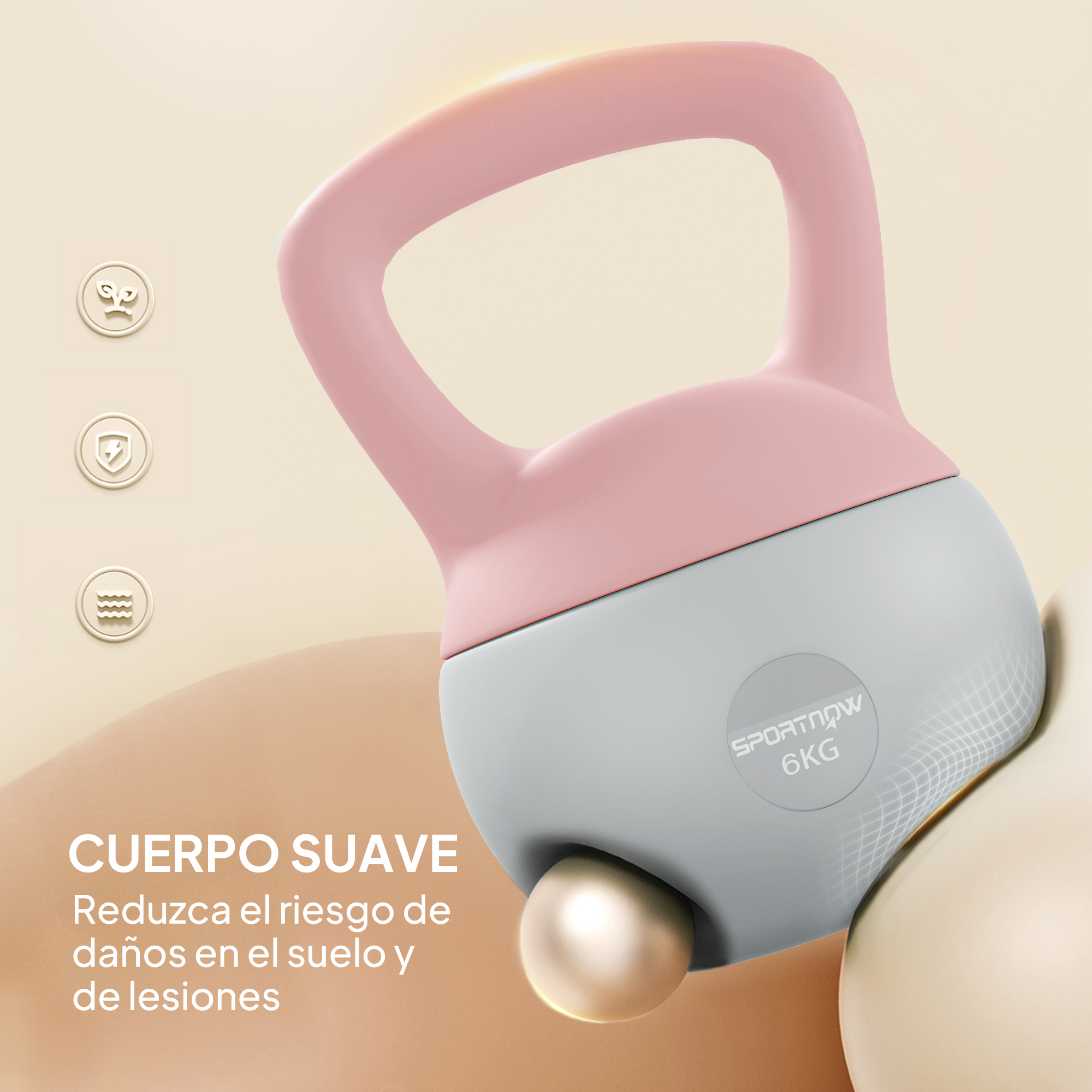 Una pesa rusa rosa con base de bola gris, con etiqueta "SPORTNOW 6KG".