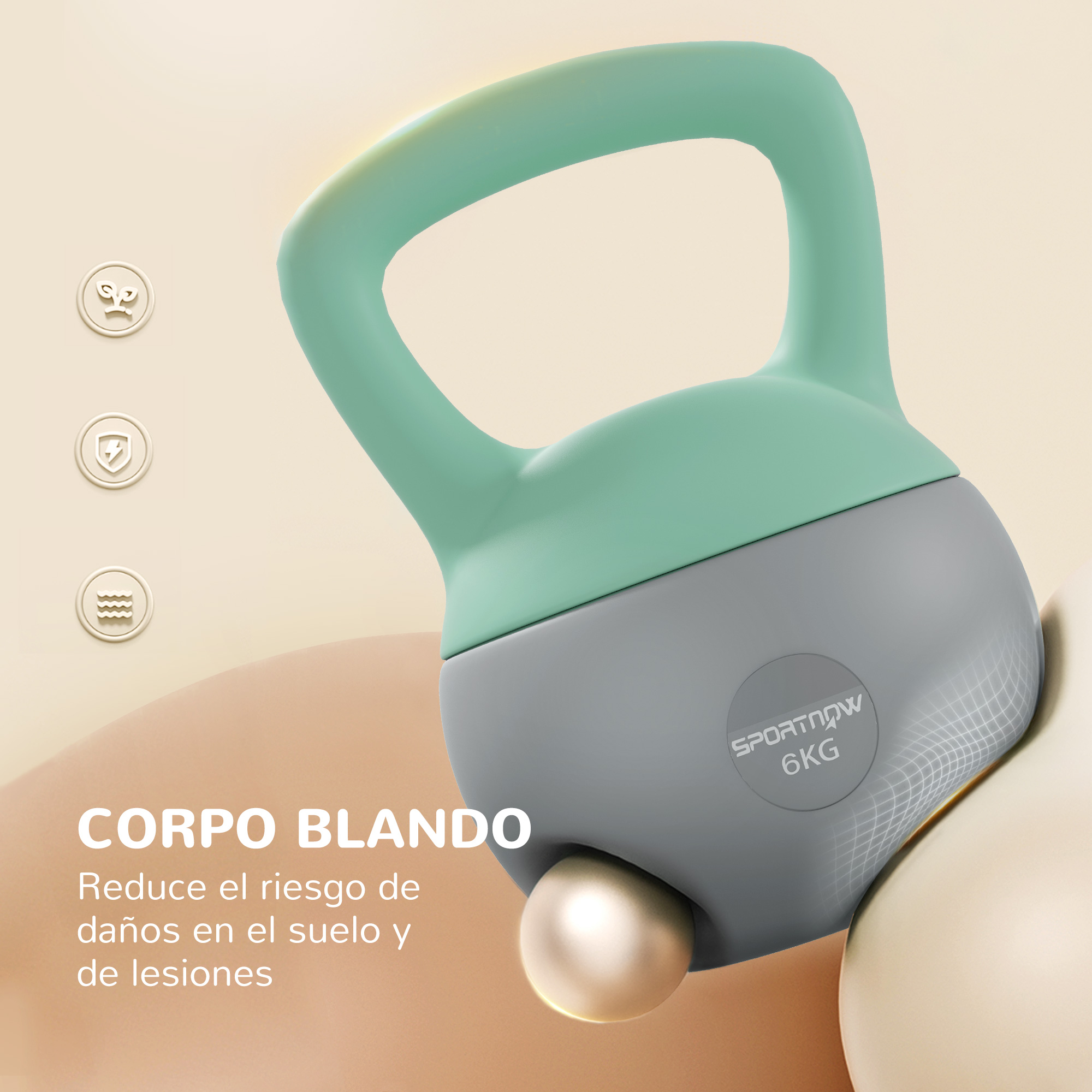 Una pesa rusa bicolor (verde y gris) de 6 kg, sobre un fondo claro.