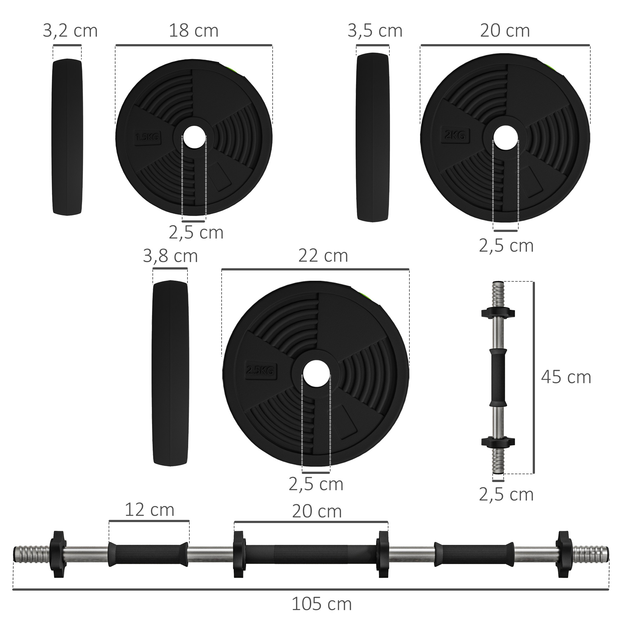 Discos de pesas y barra de pesas con dimensiones.