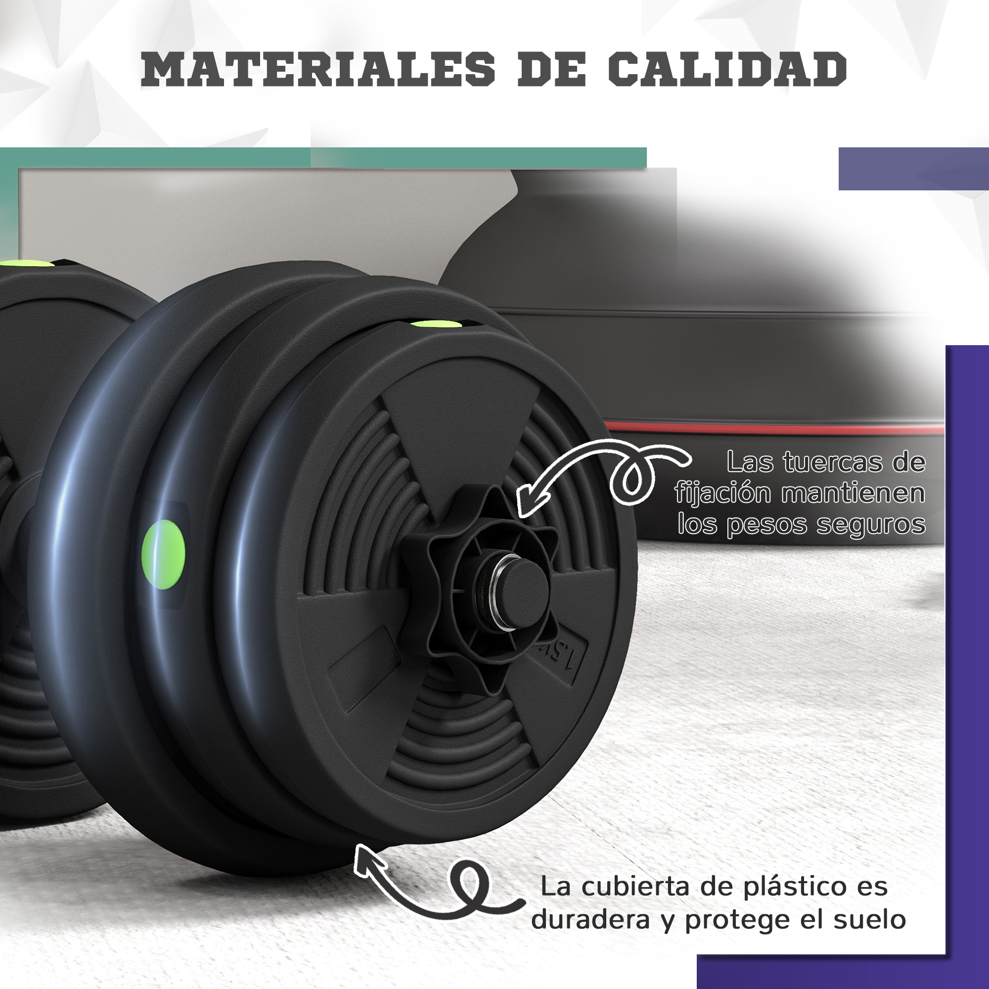 Discos de pesas negros con marcas verdes y tornillos.