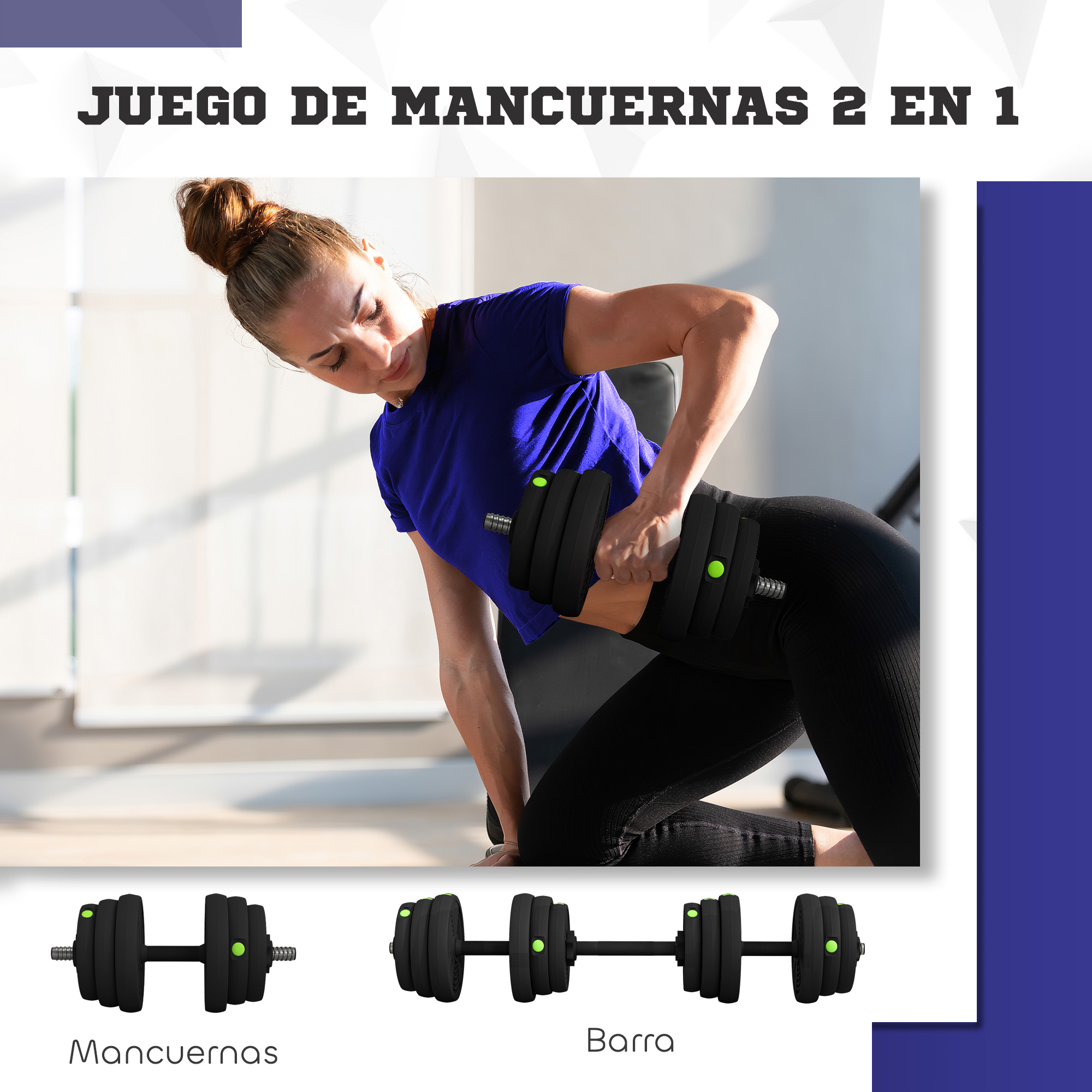 Una mujer se ejercita con un juego de mancuernas ajustables en un gimnasio.