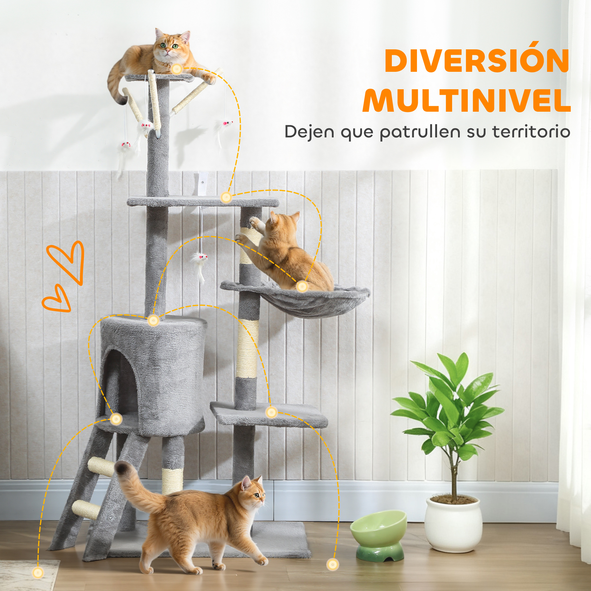 Dos gatos en un árbol rascador con juguetes y una planta en maceta.