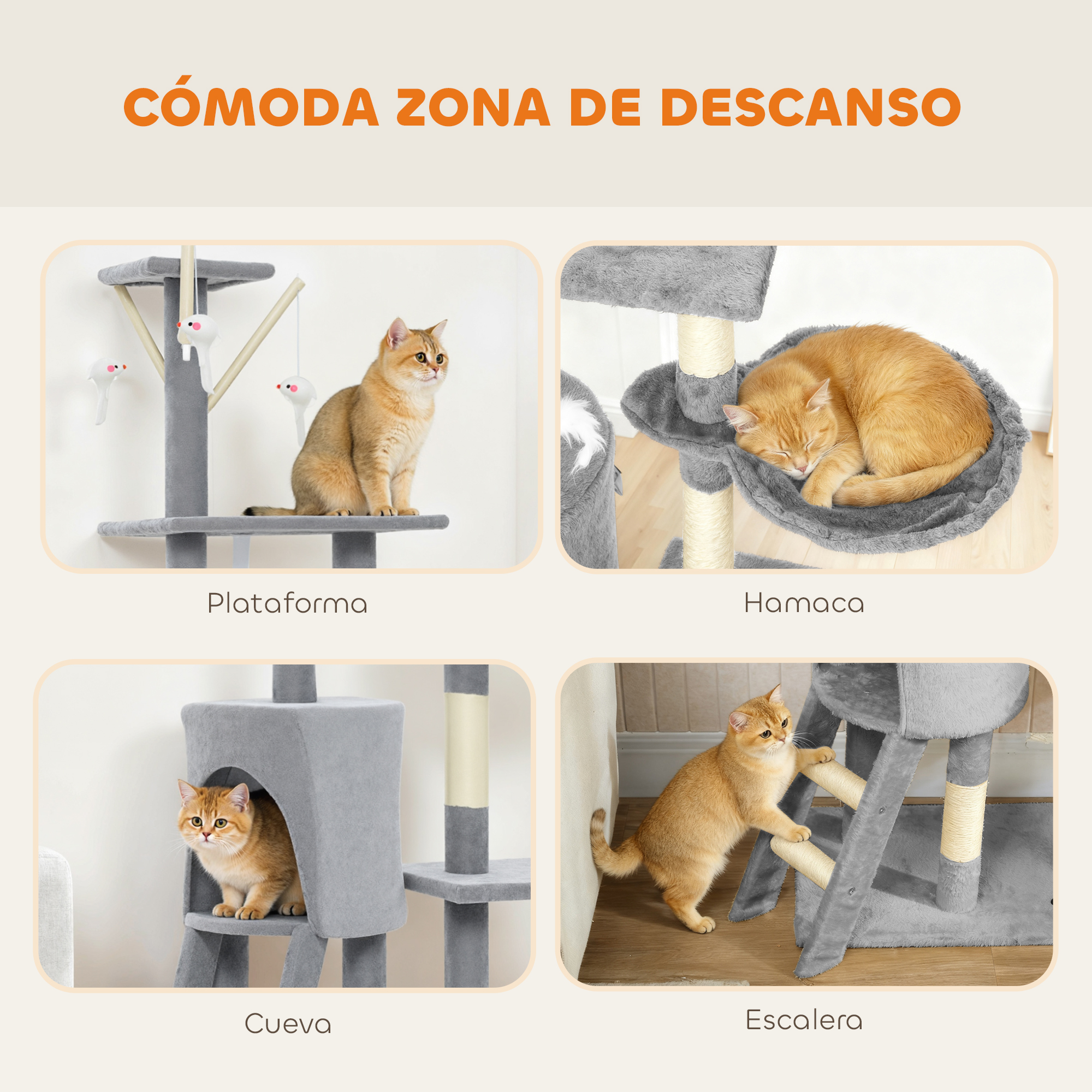 Diseño de árbol para gatos de cuatro paneles con gatos en plataforma, hamaca, cueva y escalera.