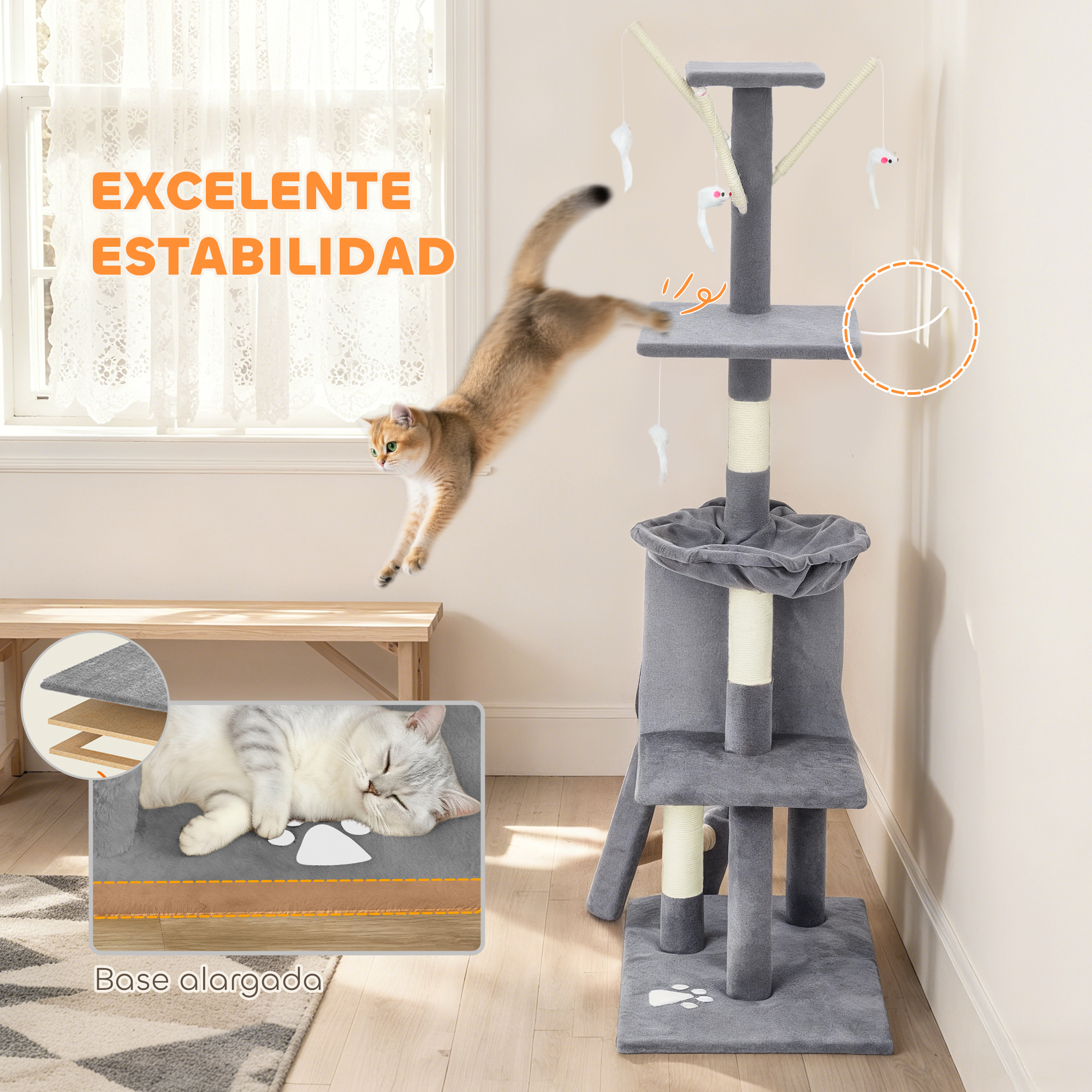 Un árbol rascador gris de varios niveles con juguetes y dos gatos. Uno salta, uno duerme.