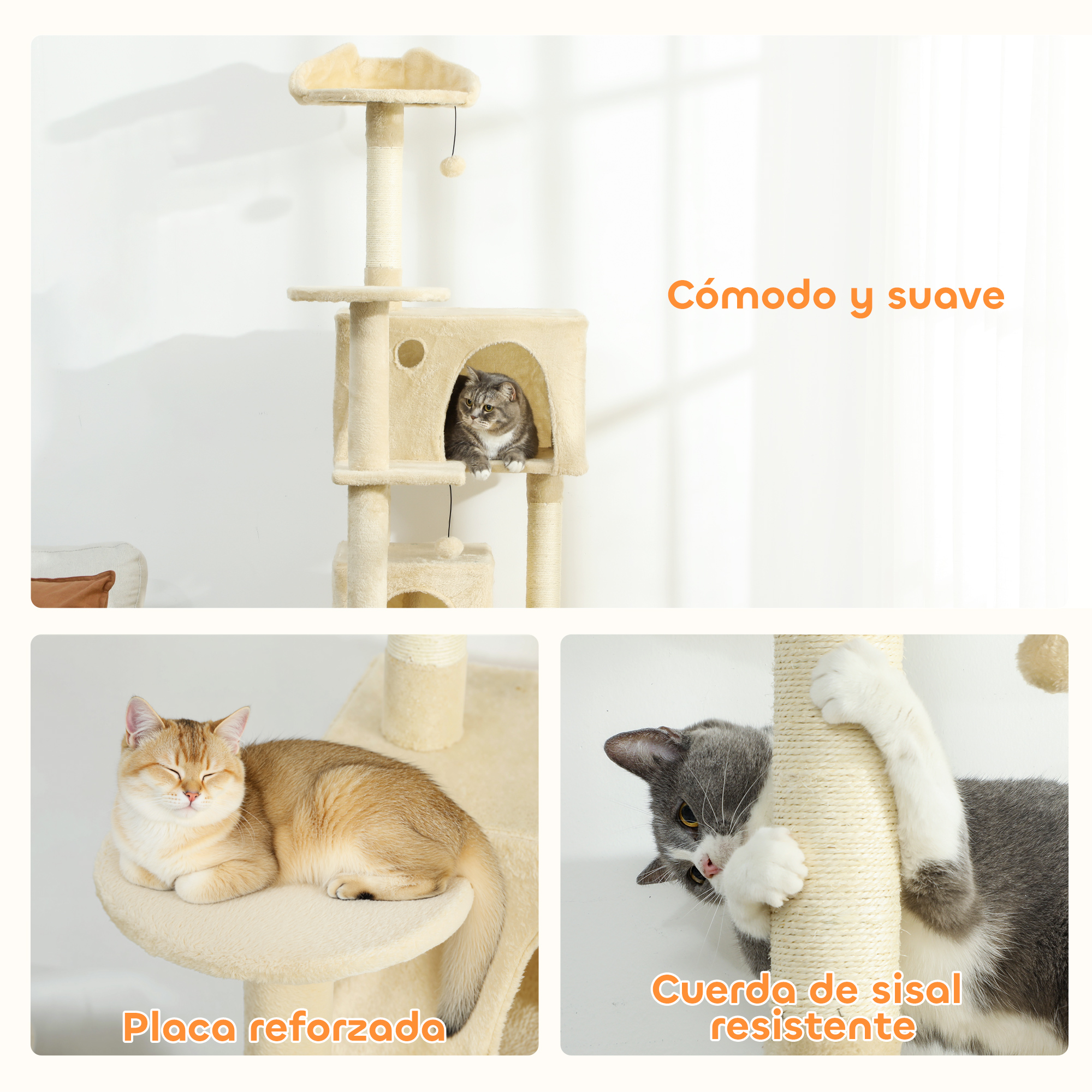 Árbol rascador beige con tres gatos: uno dentro, uno en percha, uno rascando.