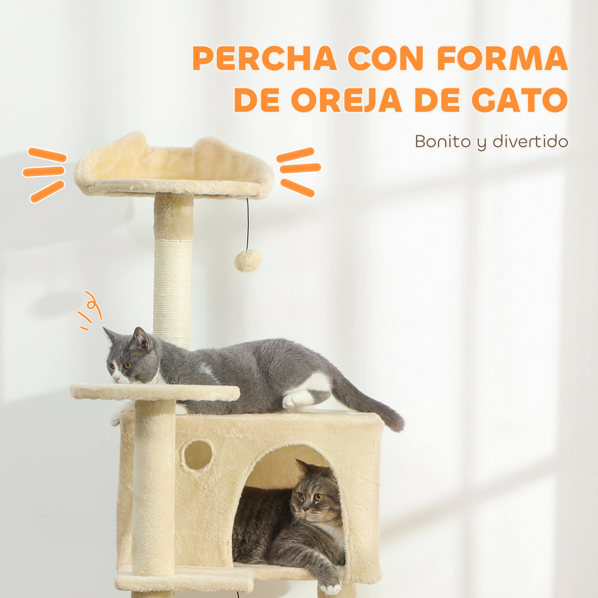 Árbol para gatos beige con dos gatos. Uno arriba, otro dentro.