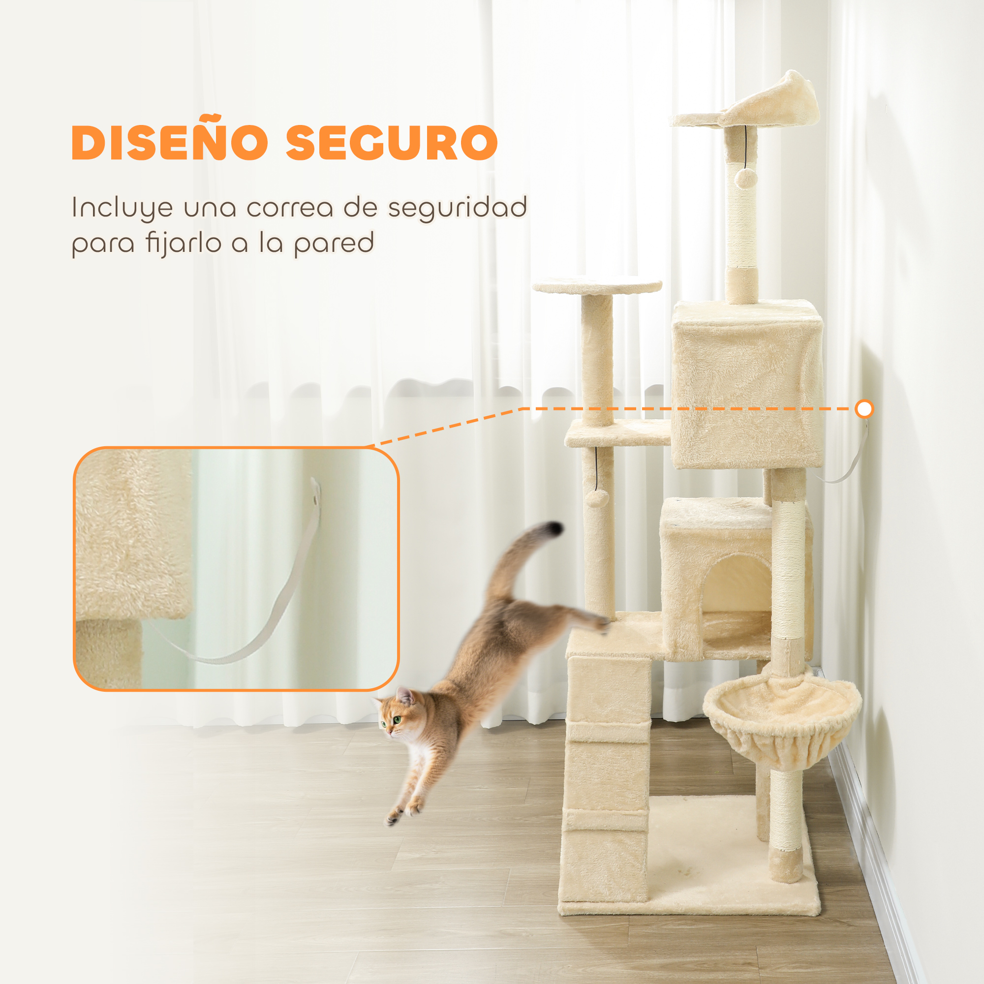 Un gato salta sobre un rascador beige de varios niveles.