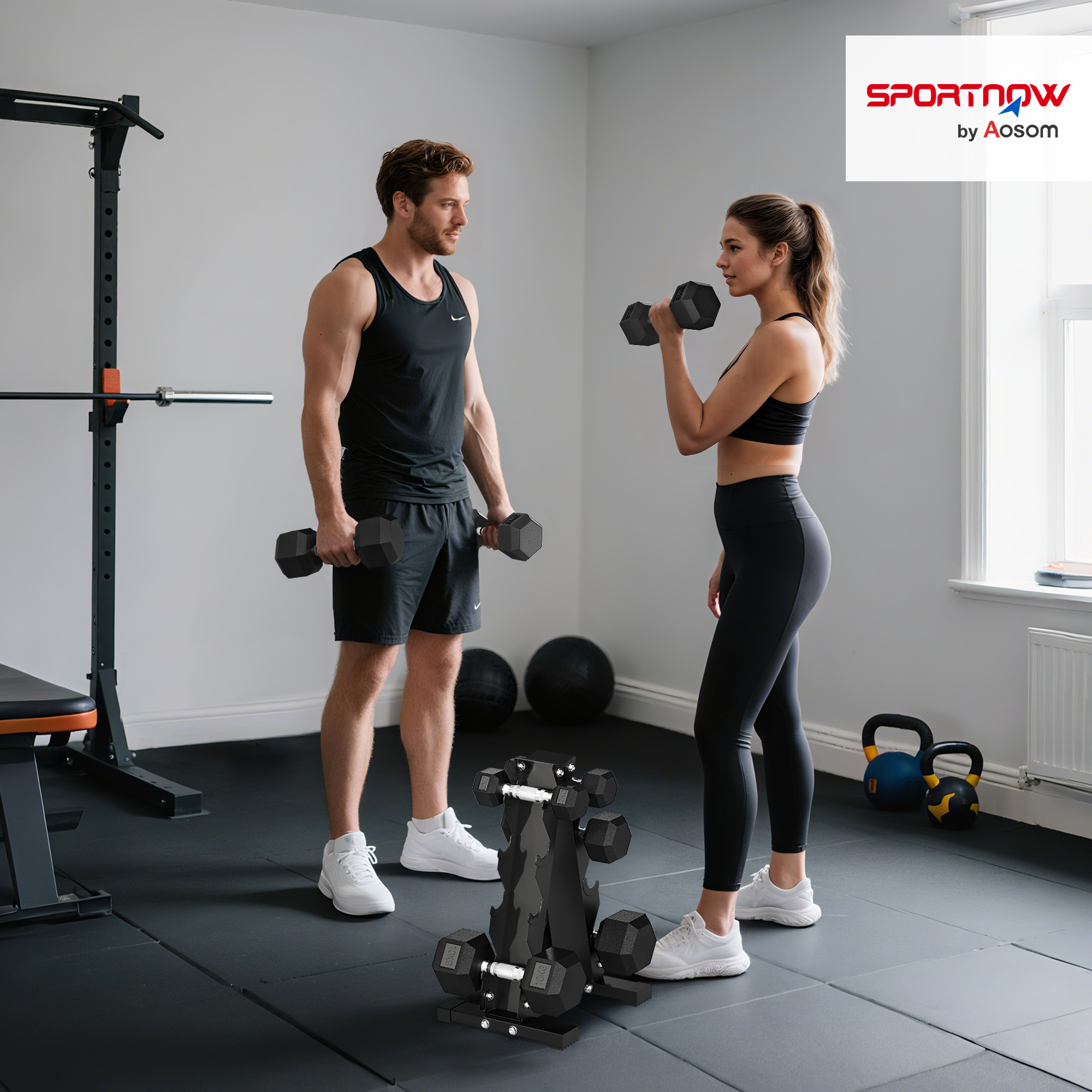 Hombre y mujer entrenan con mancuernas en un gimnasio con equipo.