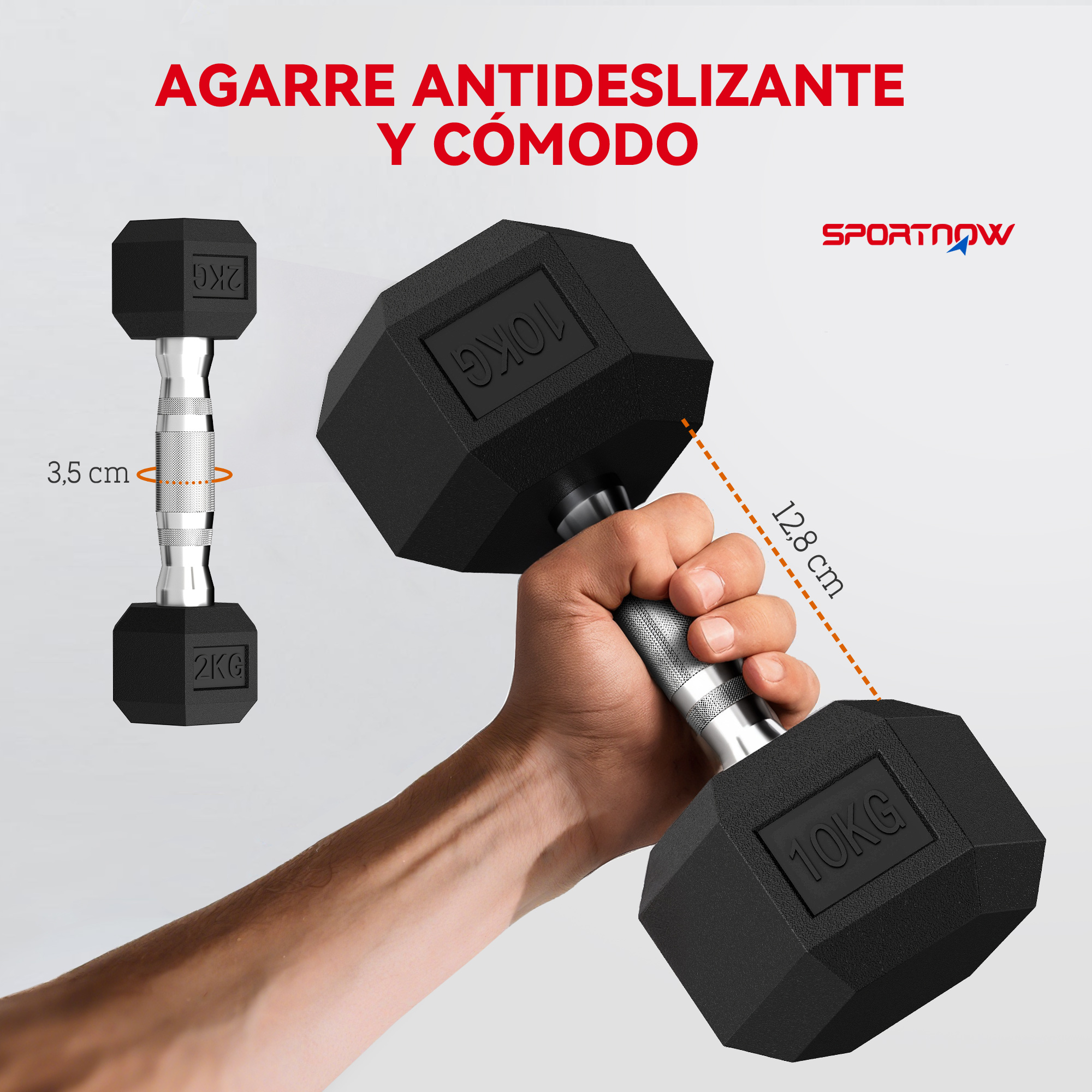 Mano sostiene una pesa negra de 10 kg. Al lado hay una pesa de 2 kg.