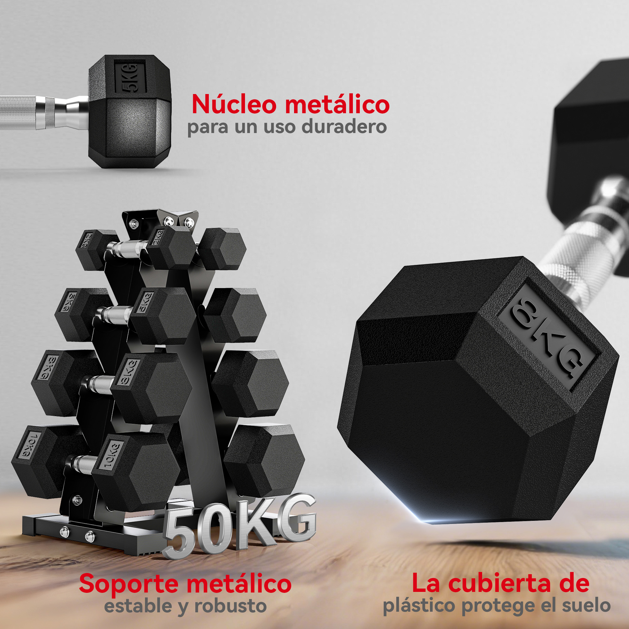 Mancuernas negras en un soporte con etiquetas de peso y texto.