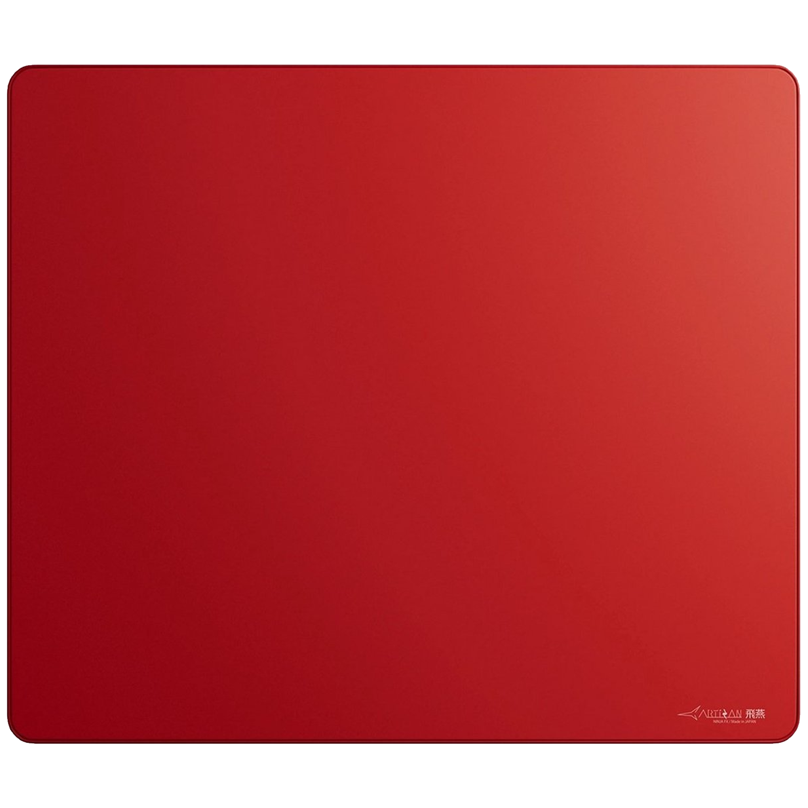 Een glad, rood muismat oppervlak met afgeronde hoeken en een logo rechtsonder.
