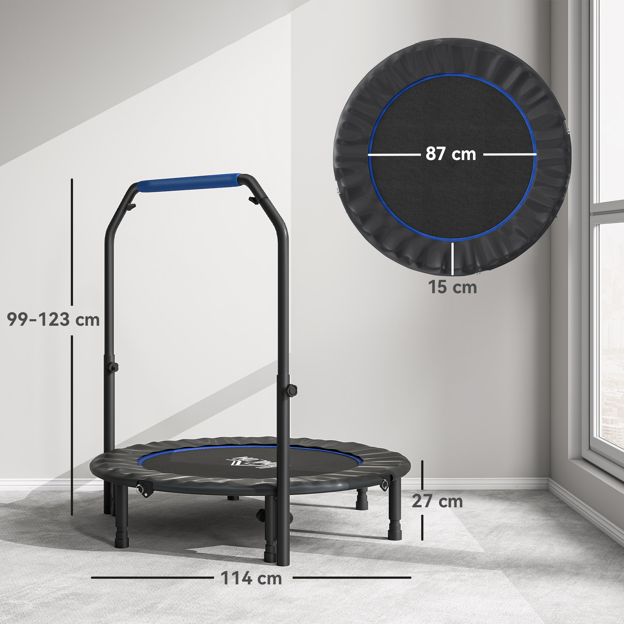 Una cama elástica negra con detalles azules y barra de seguridad.