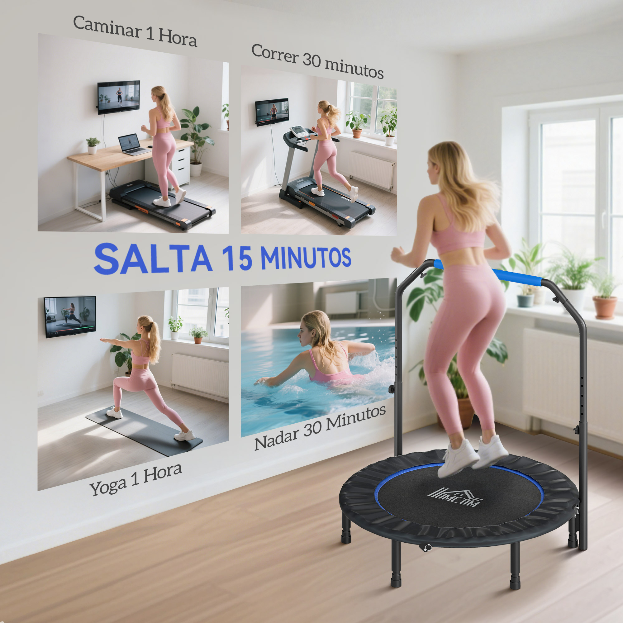 Mujer en un trampolín rodeada de imágenes de actividades físicas.