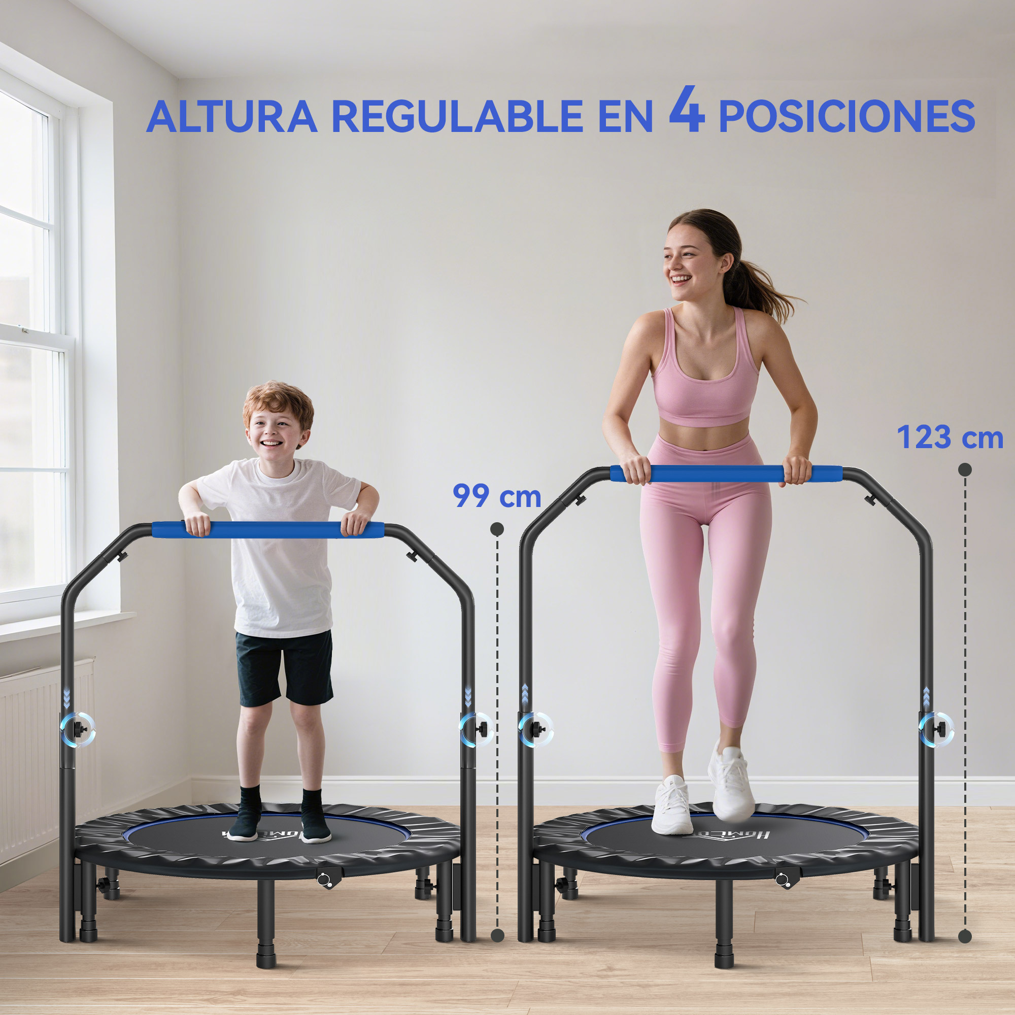 Un niño y una mujer saltan en trampolines con asas ajustables.