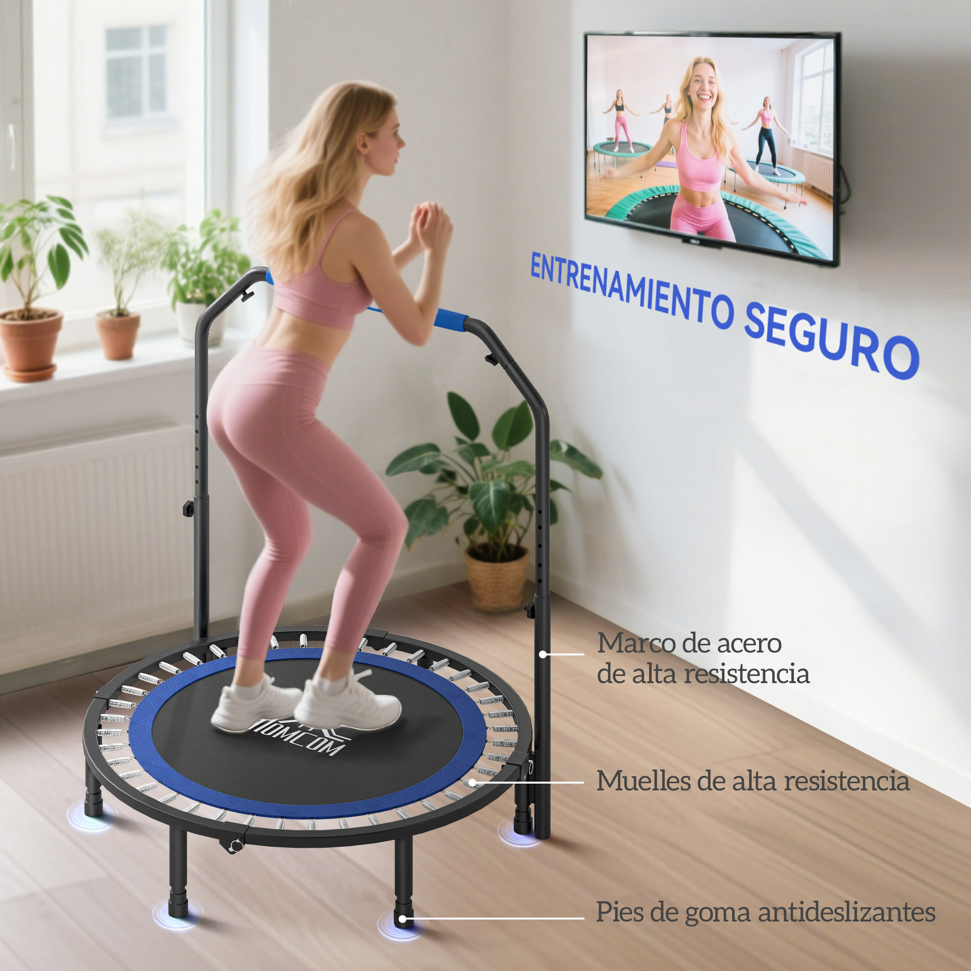 Mujer en un trampolín doméstico, con un televisor mostrando un video de ejercicio.