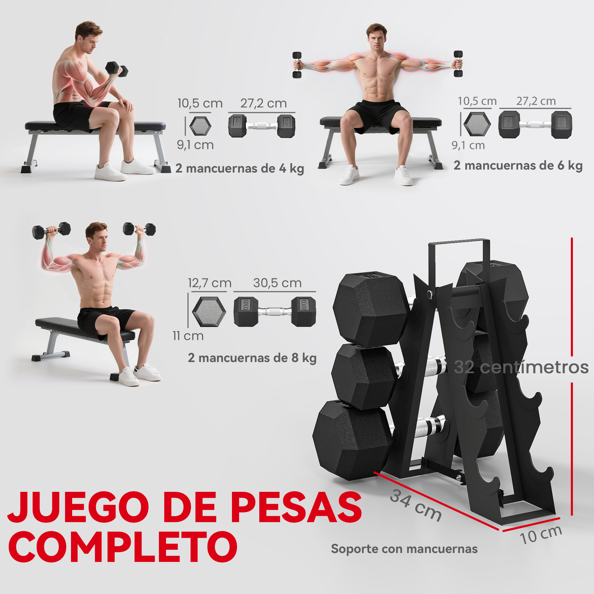 Hombre hace curls de bíceps; mancuernas y soporte mostrados con medidas.