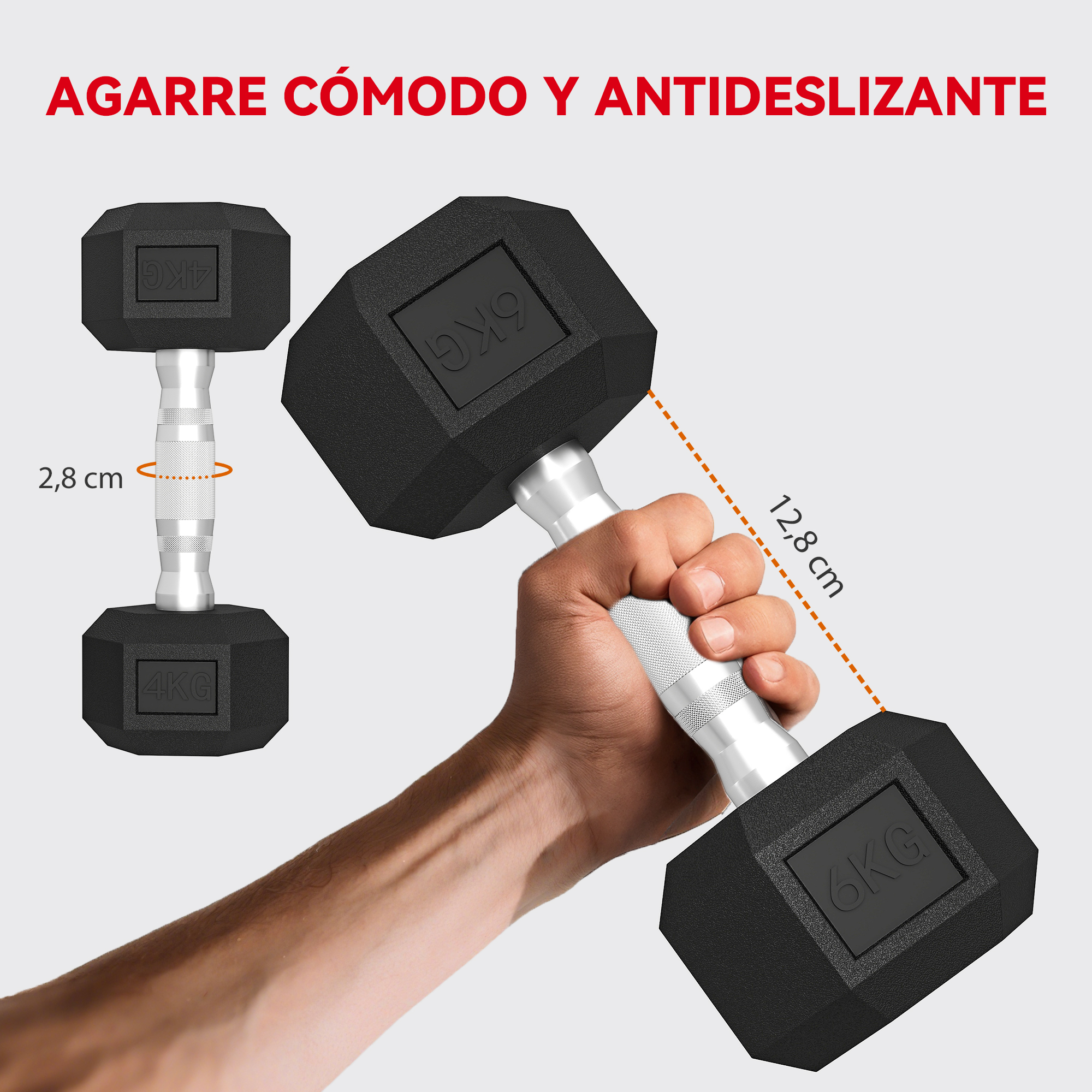 Mancuerna negra con mango plateado en mano, se muestran 6 kg y 4 kg.