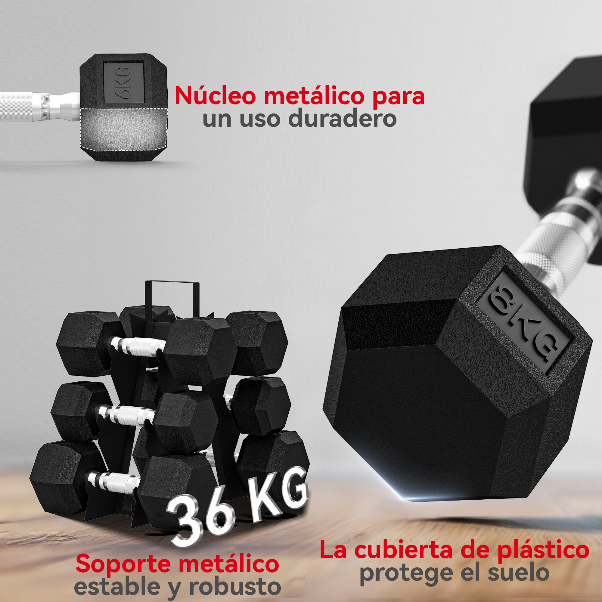 Mancuernas negras en un soporte, con una mancuerna individual al lado.