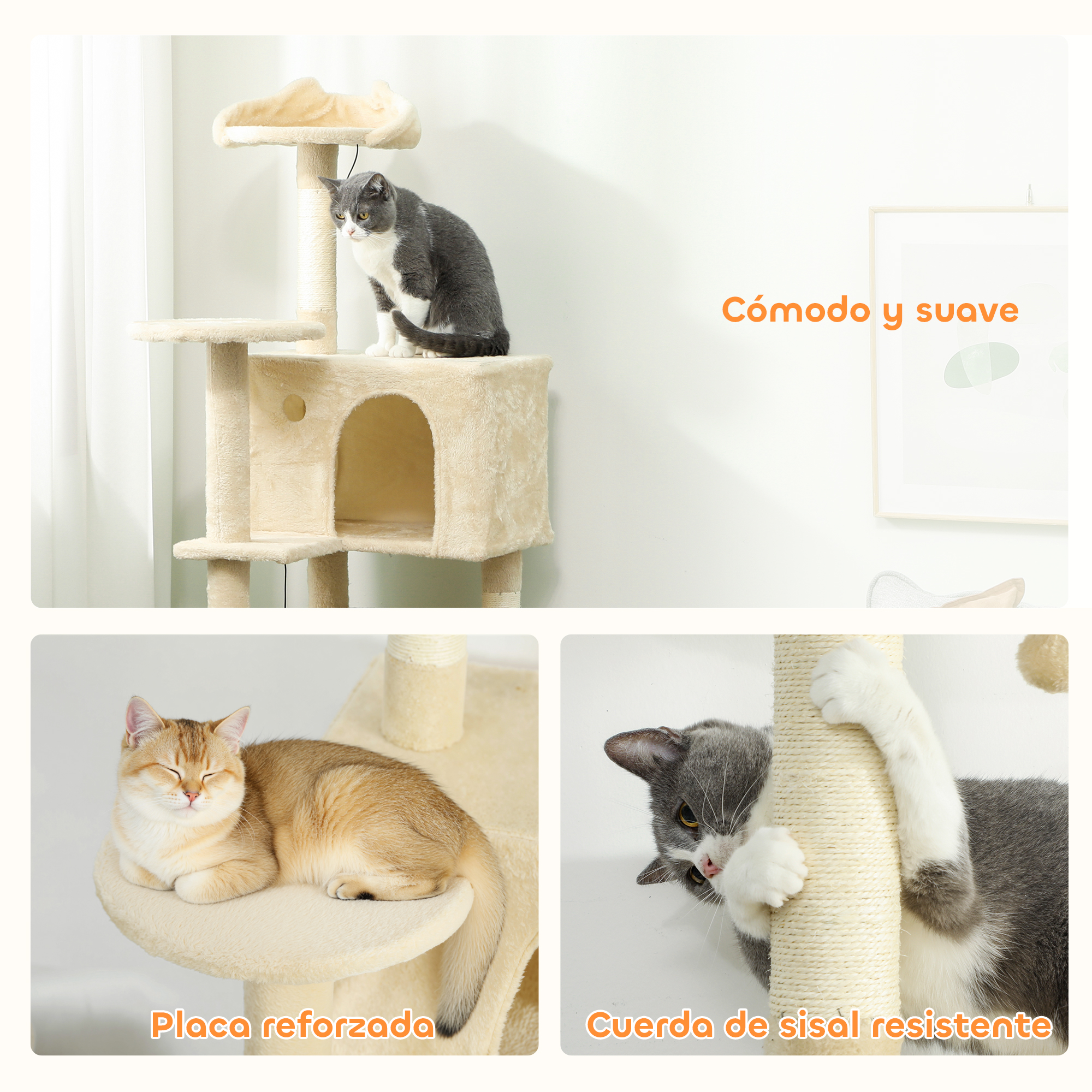 Tres escenas: Gato en árbol rascador, gato dorado en plataforma, gato en poste rascador.