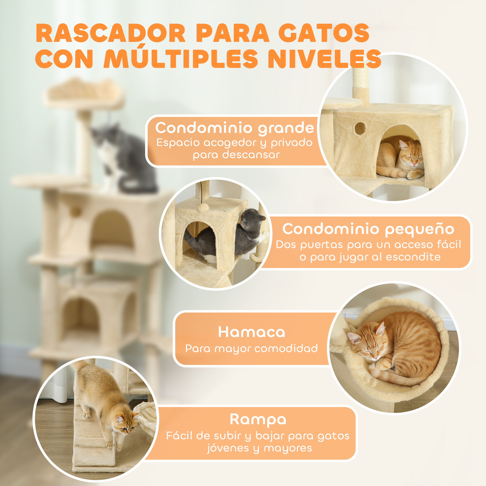 Un árbol rascador para gatos de varios niveles con gatos, para descansar y jugar.