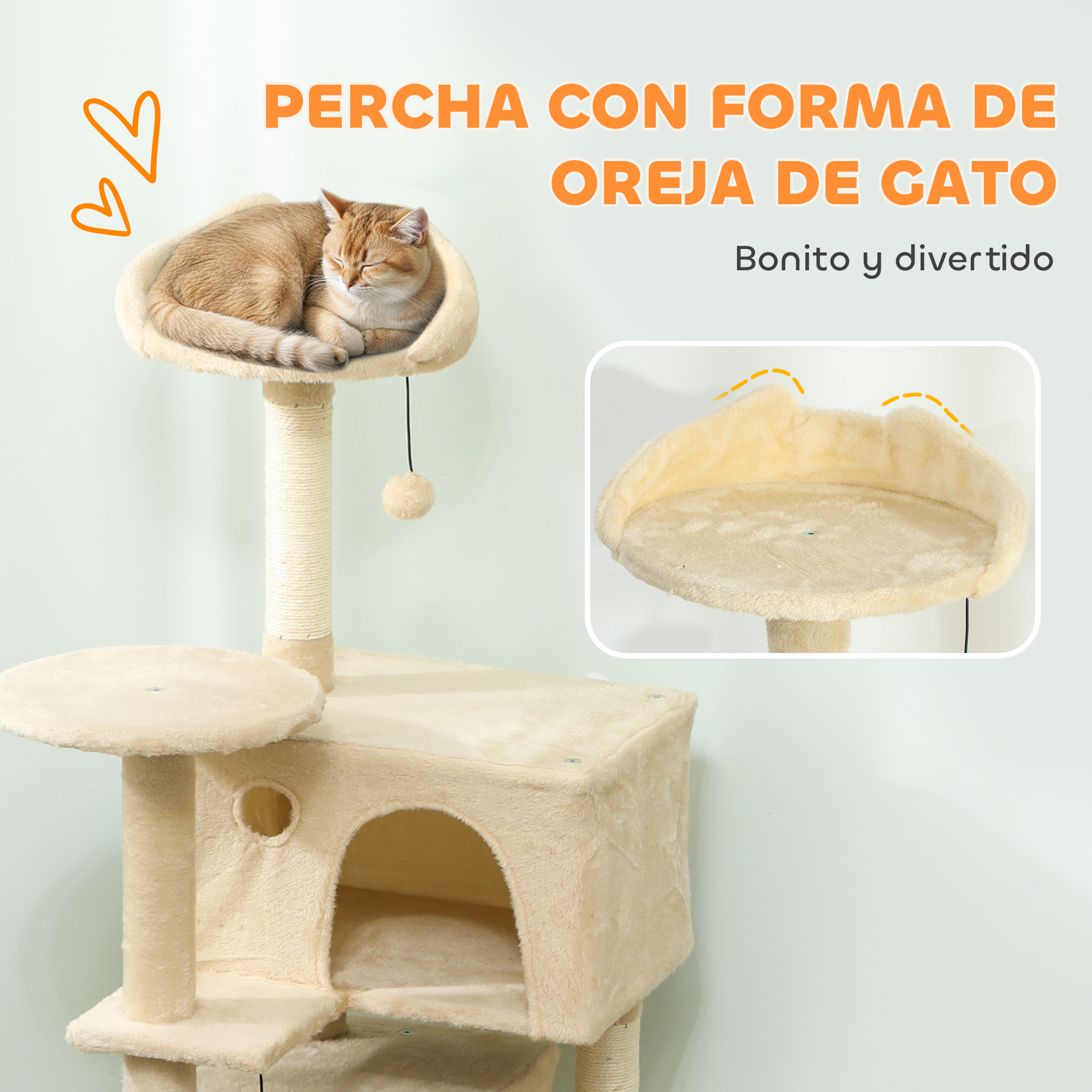 Un árbol para gatos beige con un gato atigrado durmiendo en la percha superior.