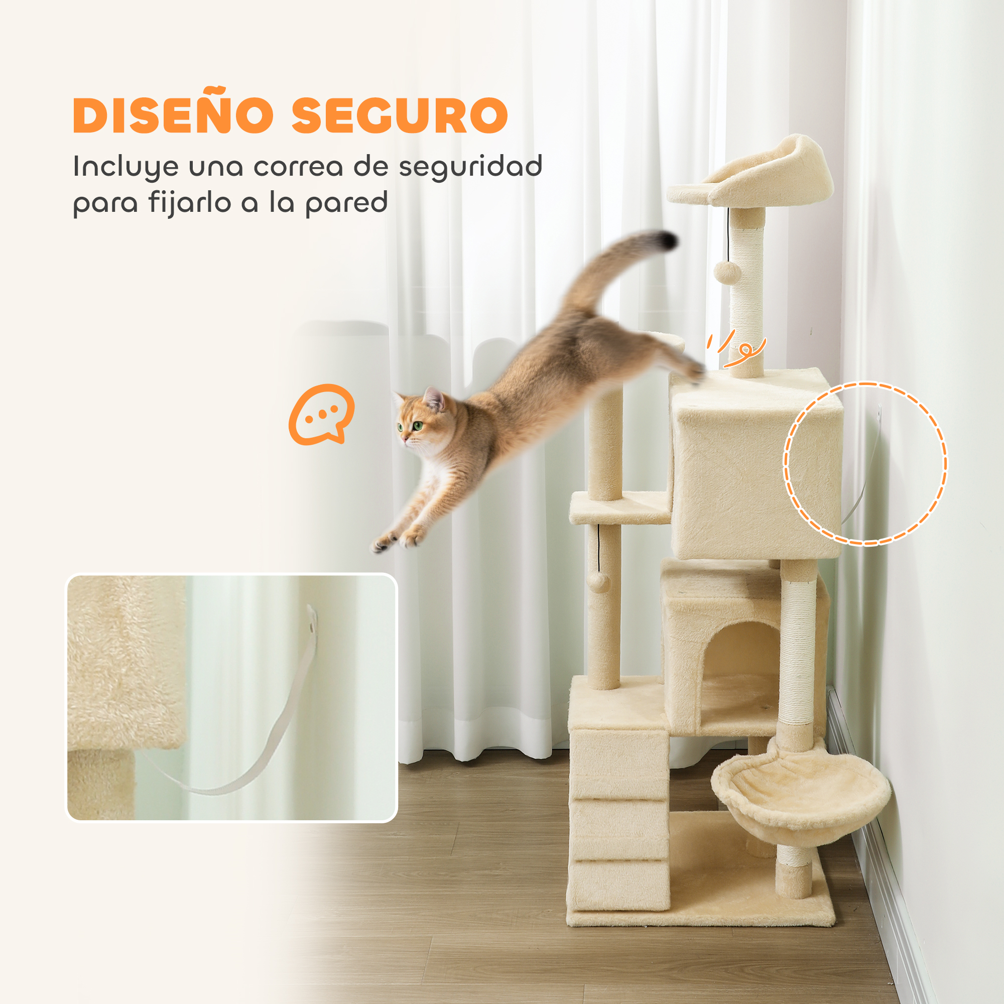 Un gato salta sobre un árbol rascador beige de varios niveles.