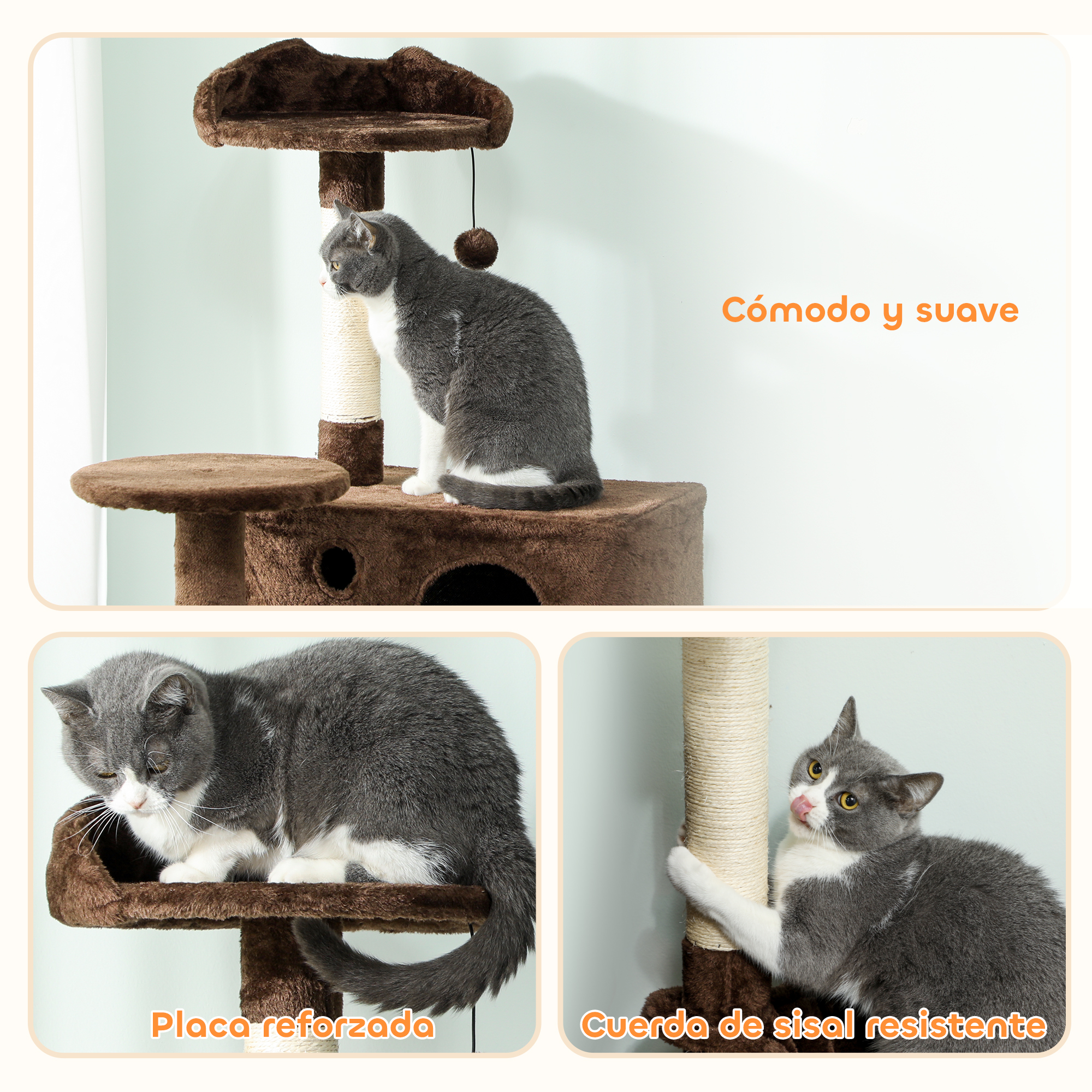 Gato gris y blanco en un árbol para gatos de felpa marrón multinivel.