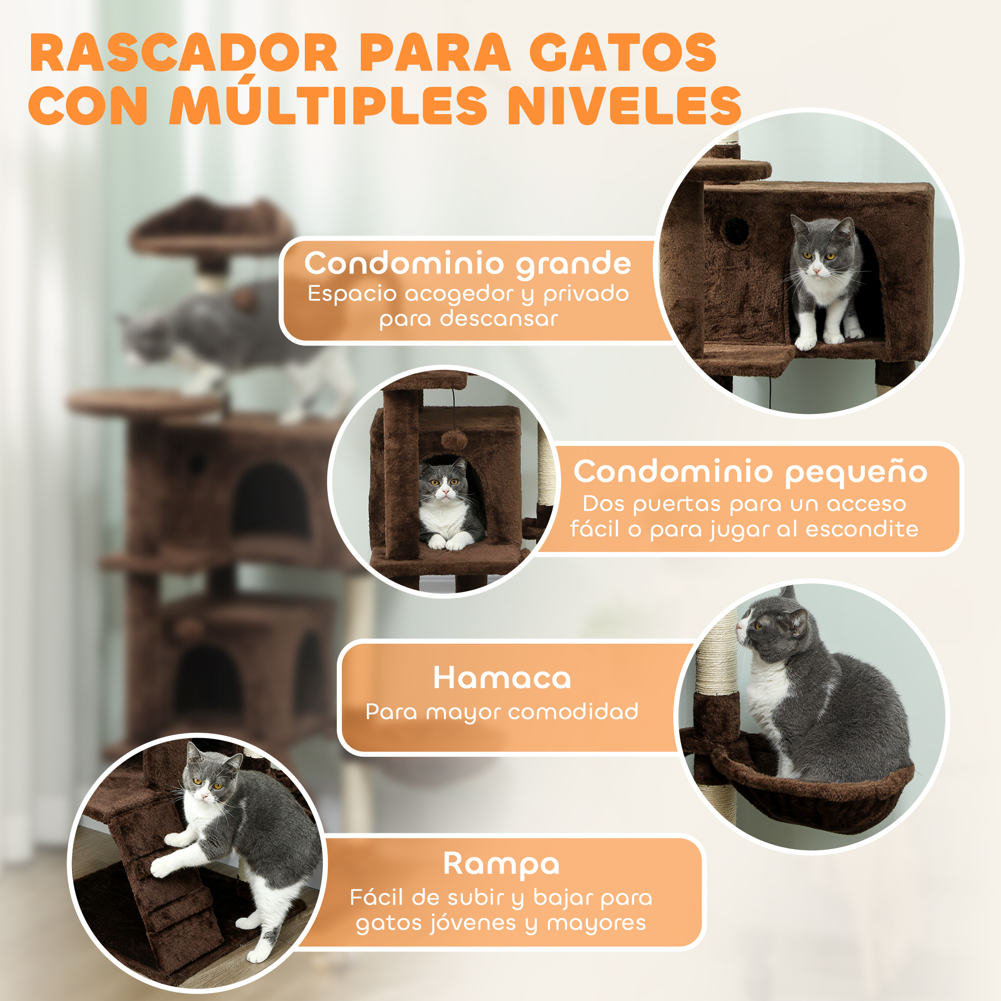 Un árbol rascador de varios niveles con gatos en diferentes áreas: grande y pequeño.