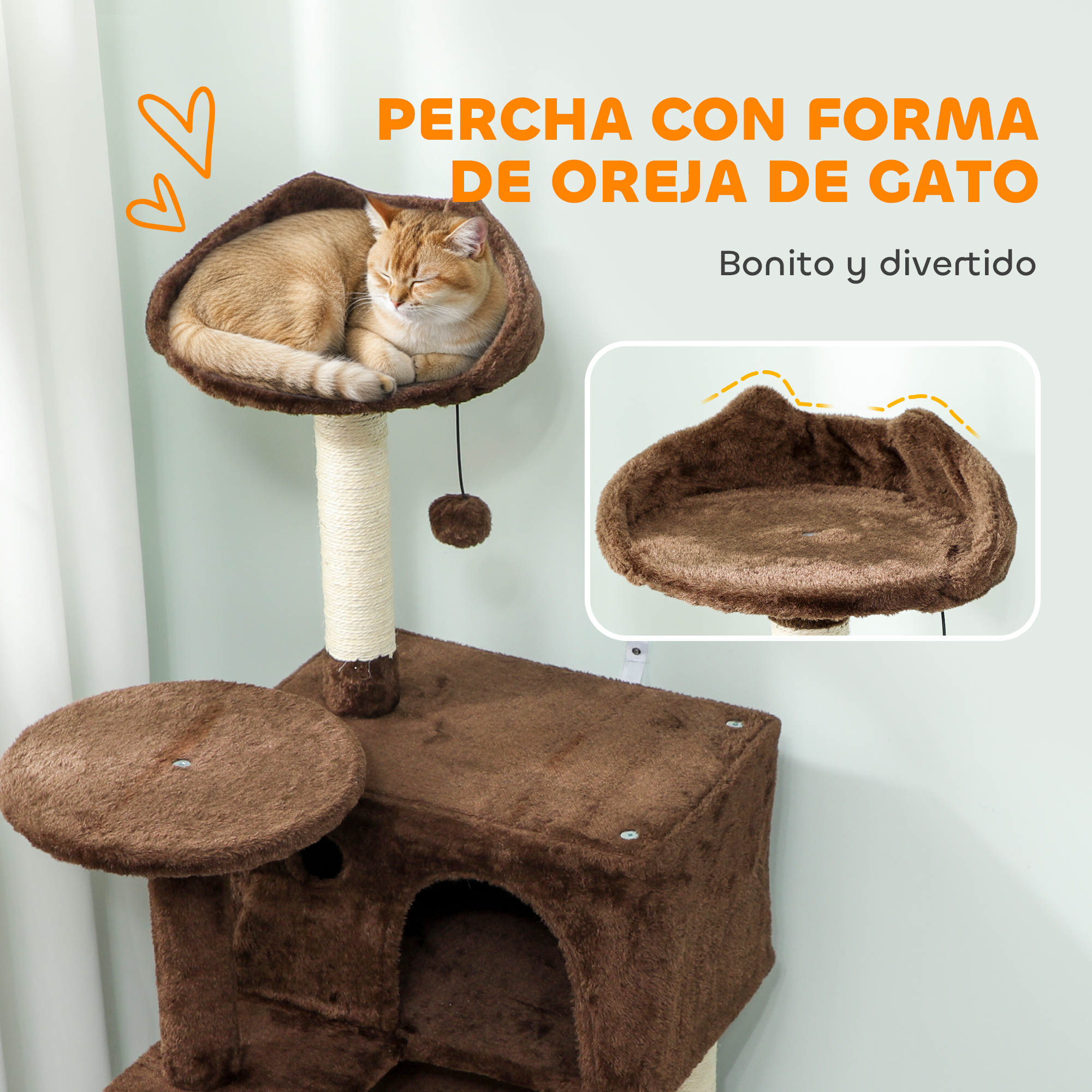 Un gato duerme en un rascador marrón con forma de oreja de gato.