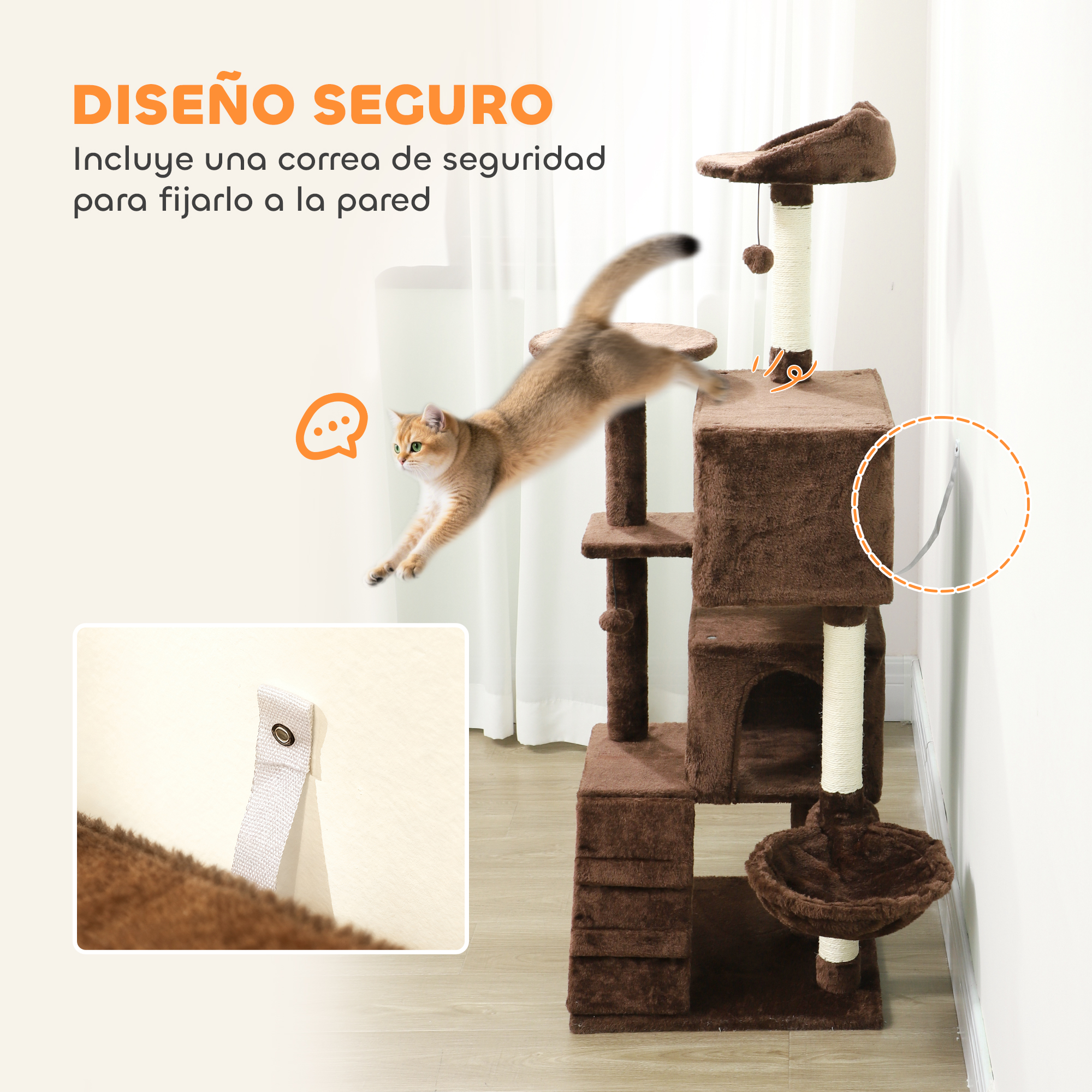 Una estructura de árbol para gatos marrón con un gatito atigrado saltando y fijación a la pared.