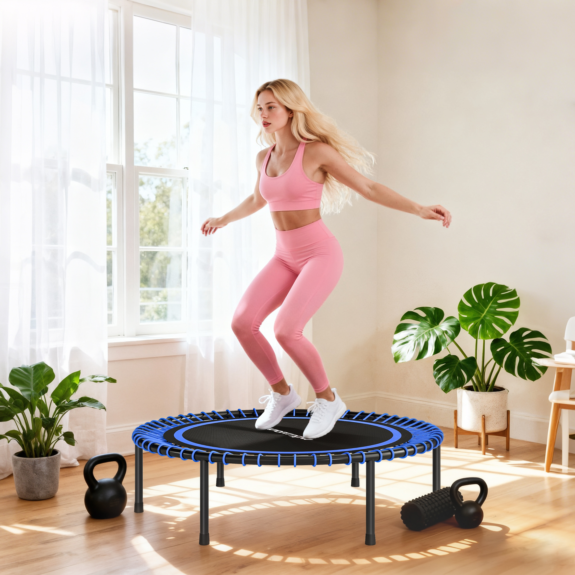 Mujer con ropa deportiva rosa salta en un trampolín con pesas cerca.