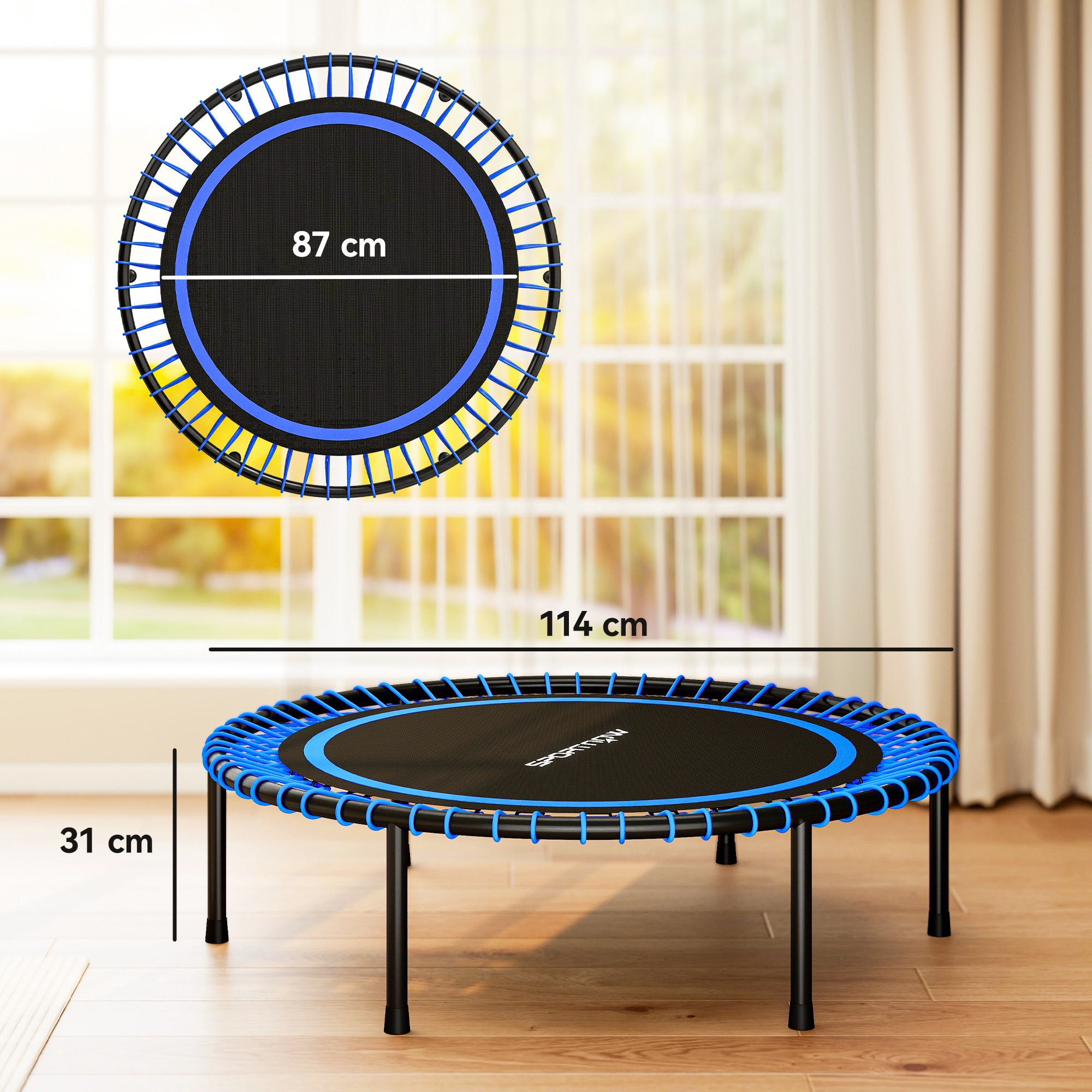 Una pequeña cama elástica azul y negra con dimensiones.