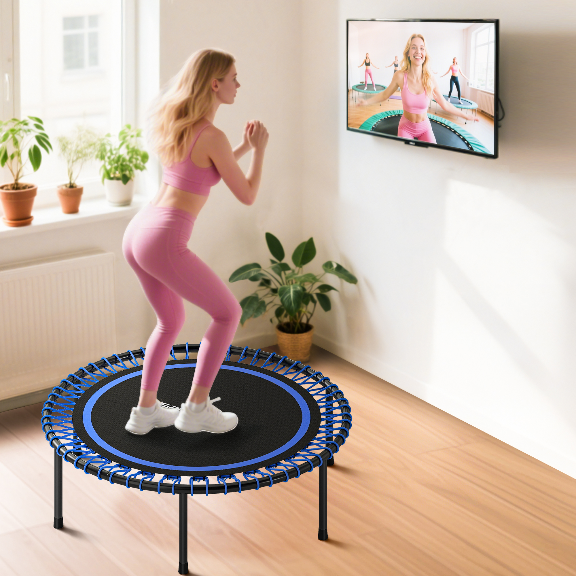 Mujer salta en trampolín, viendo clase de fitness en pantalla.