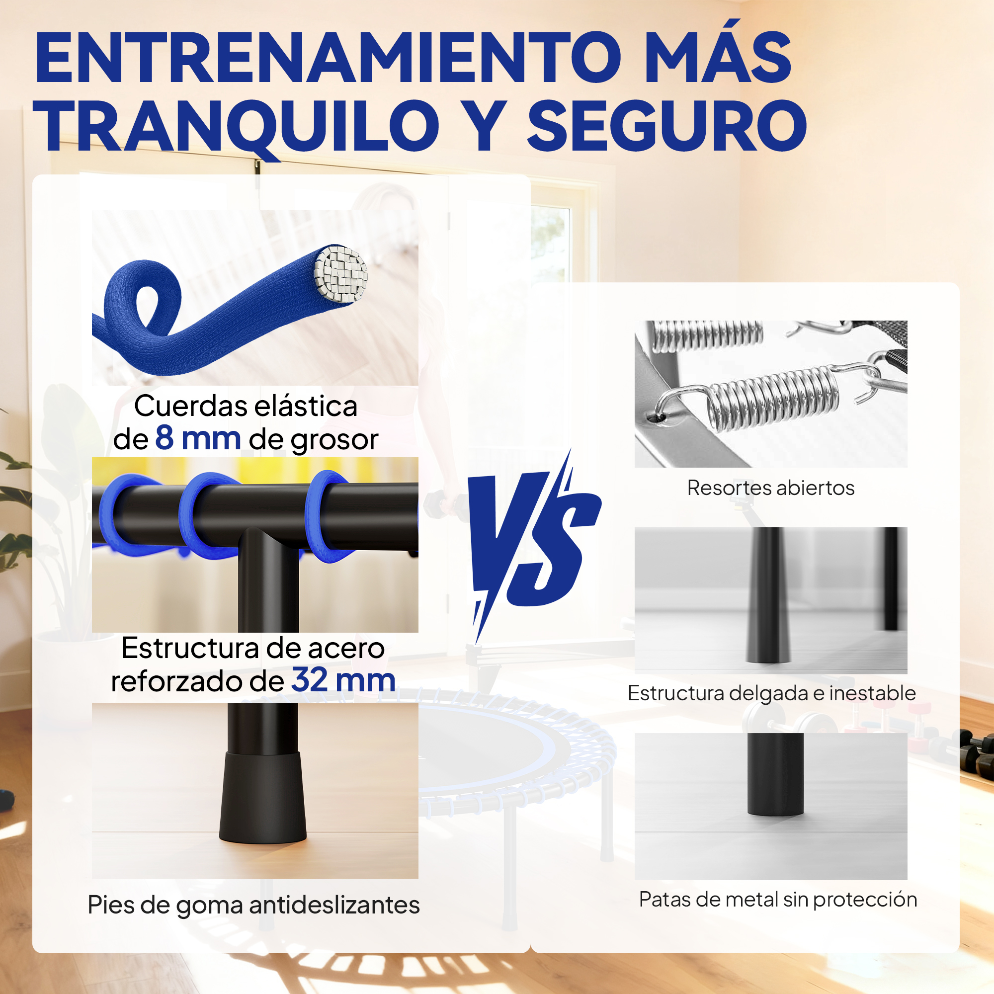 Comparación de partes de trampolín: cuerdas gruesas vs. resortes, marco de acero vs. patas.
