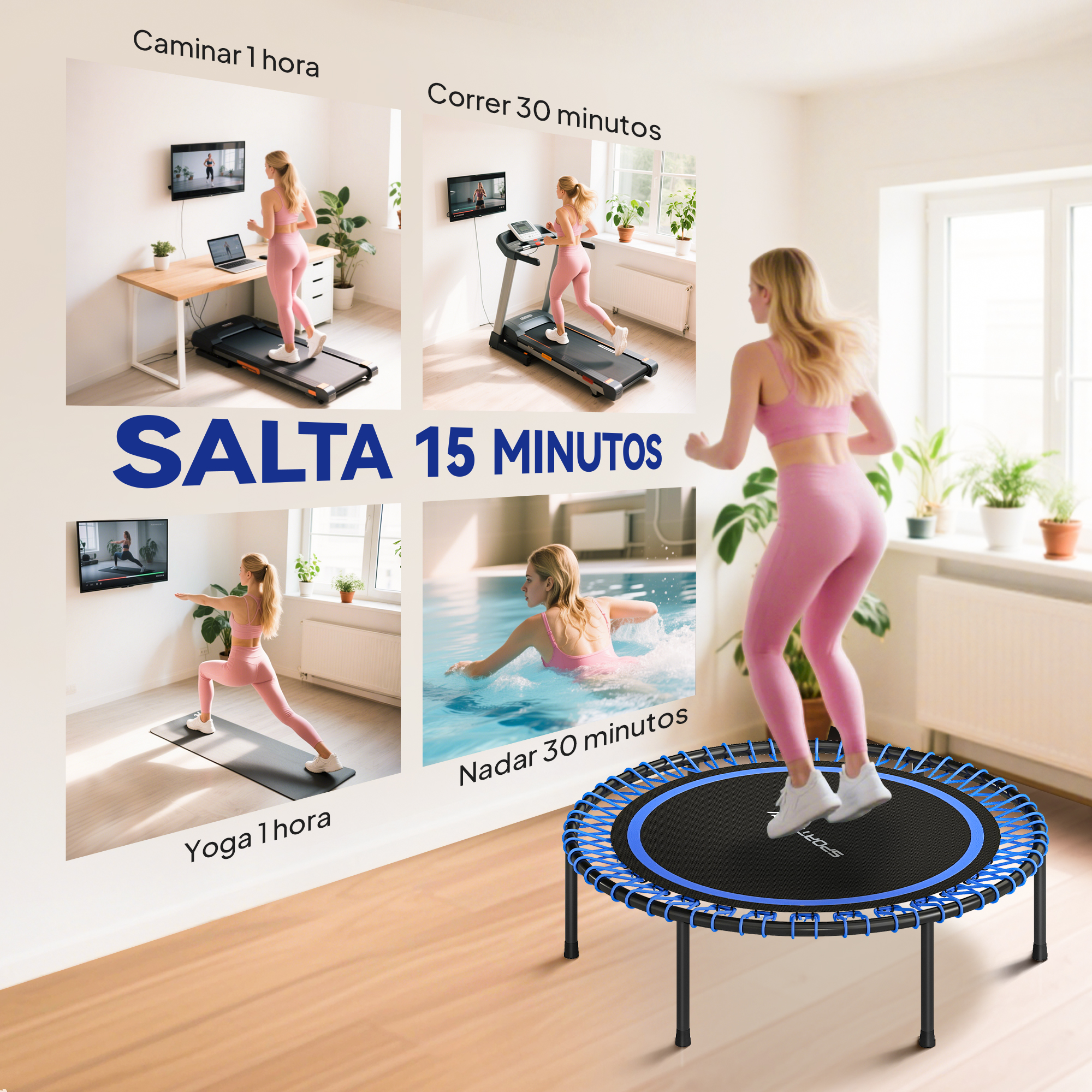 Mujer en un trampolín rodeada de imágenes de ejercicios: correr, yoga, nadar.