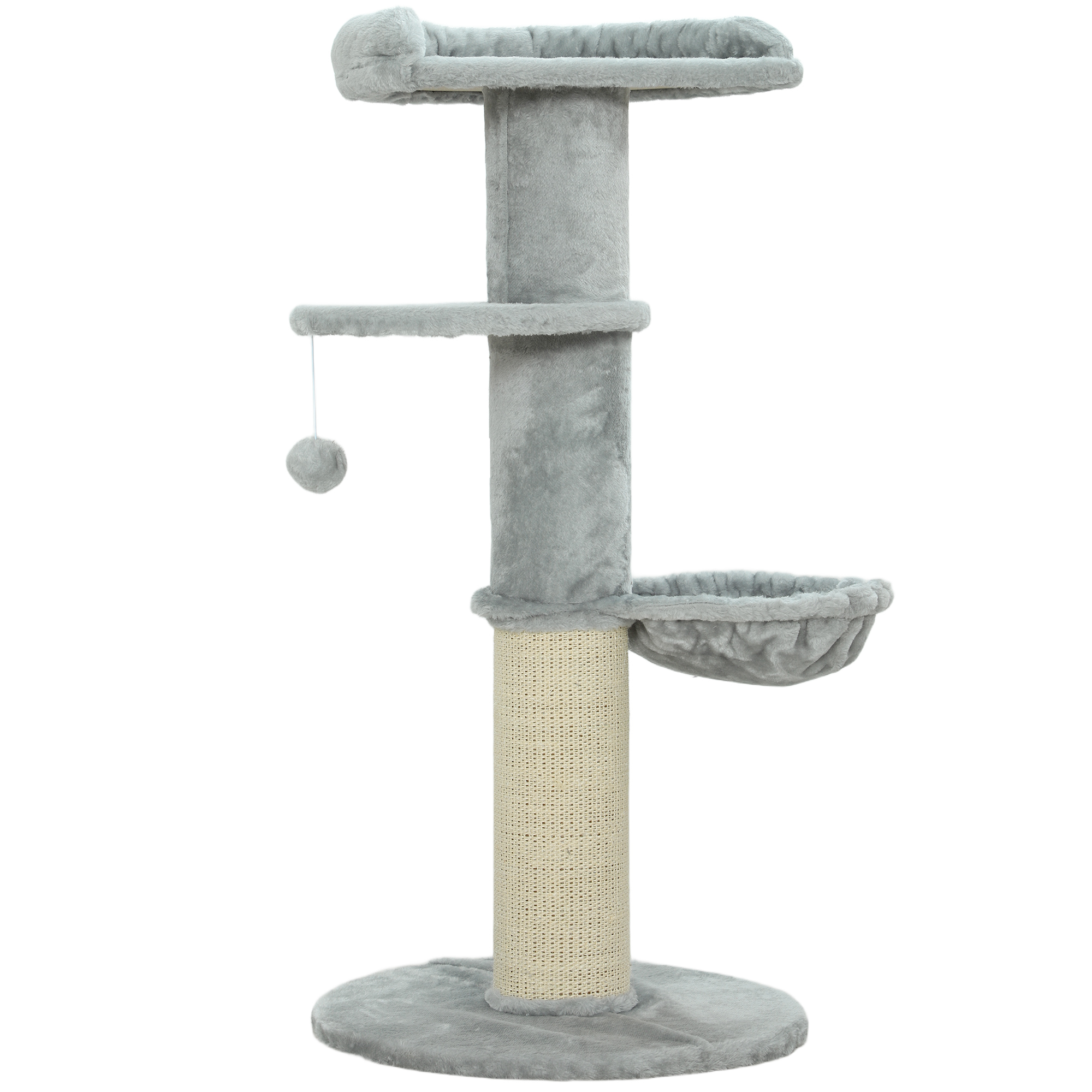 Tiragraffi grigio per gatti con palo, gioco appeso e cesto.