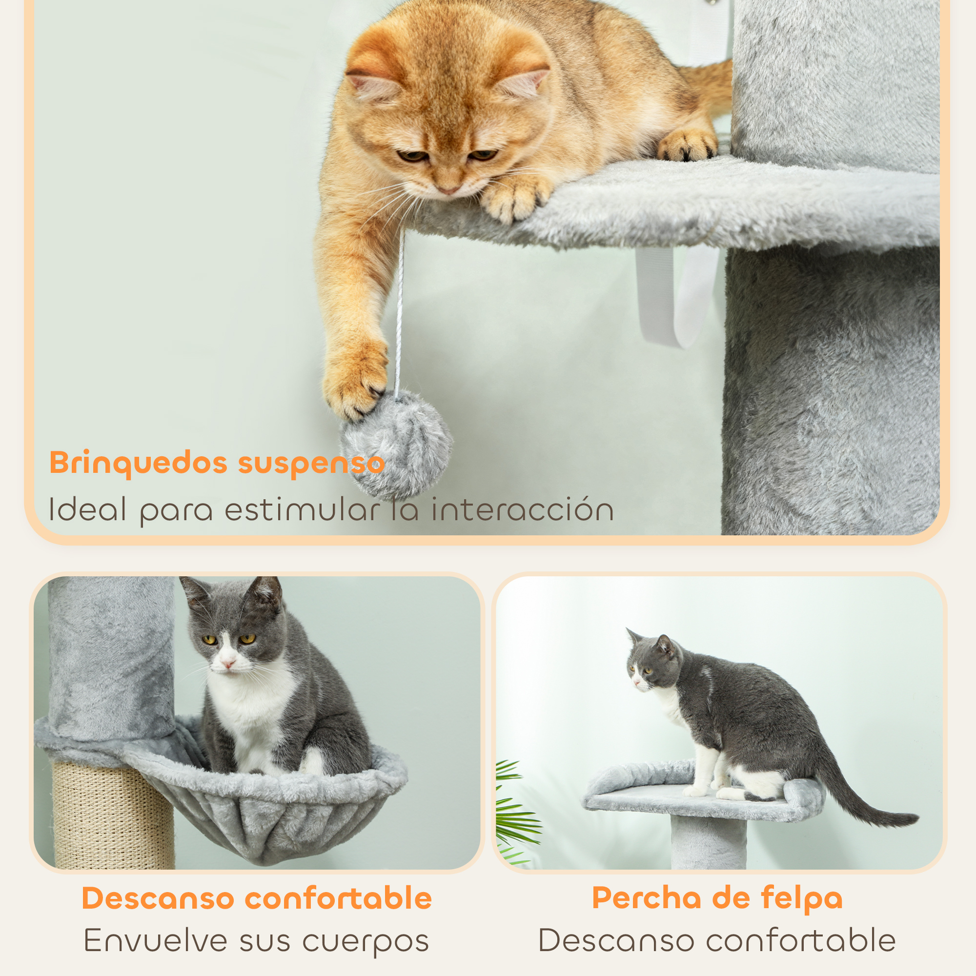 Un gato dorado en un árbol para gatos jugando. Dos gatos sentados abajo.